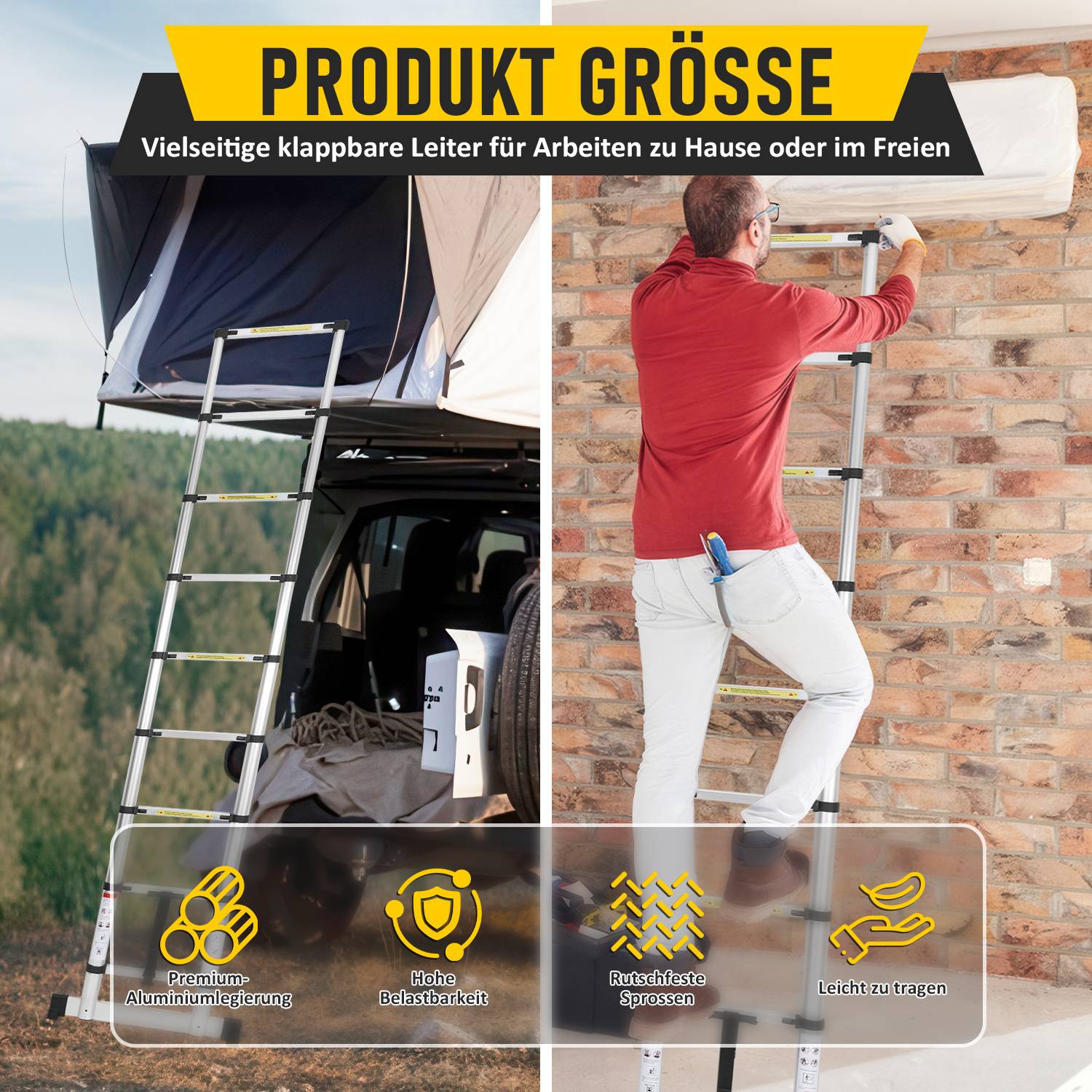 Premium Alu Teleskopleiter Ausziehleiter Klappleiter Höhe 3,8M Antirutsch Mehrzweckleiter mit Stabilisator