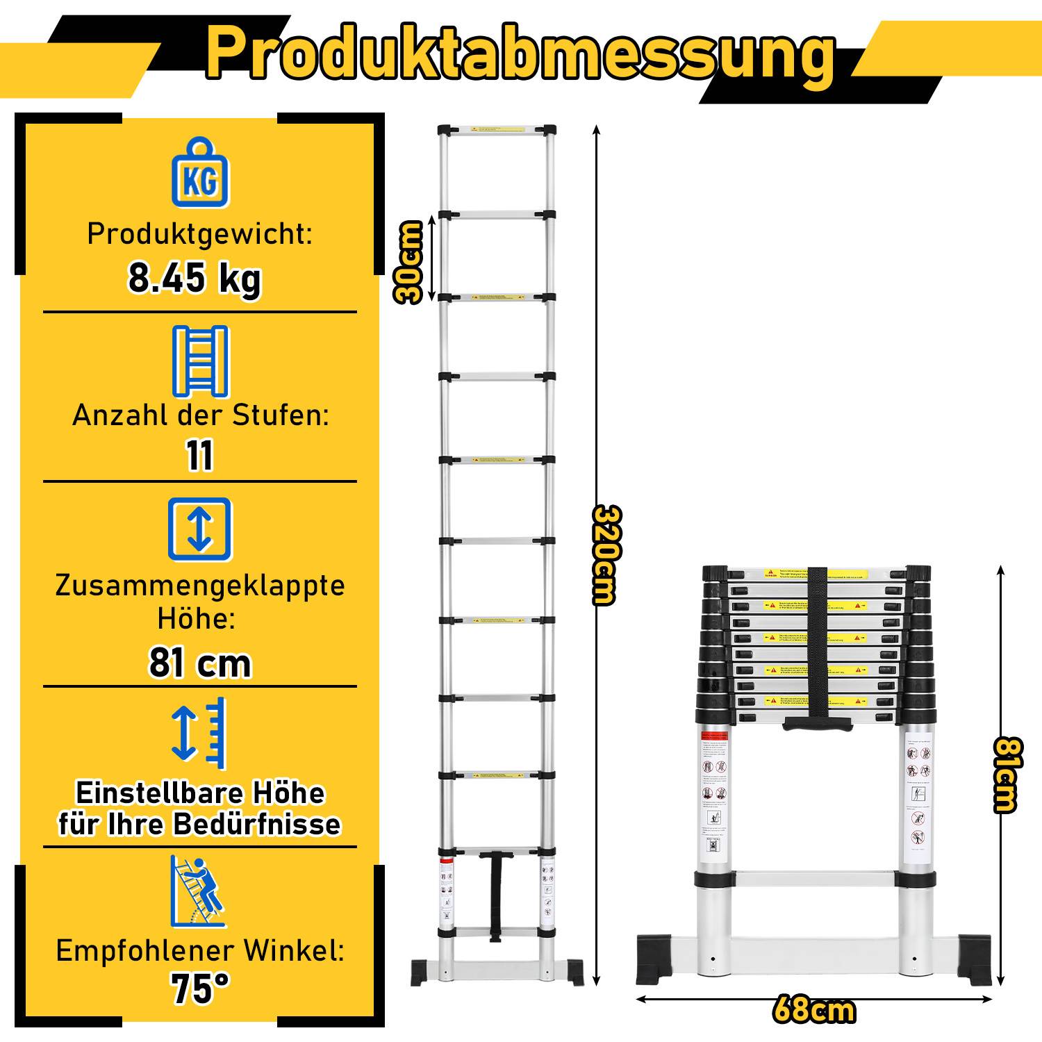 Premium Alu Teleskopleiter Ausziehleiter Klappleiter Höhe 3,2M Antirutsch Mehrzweckleiter mit Stabilisator