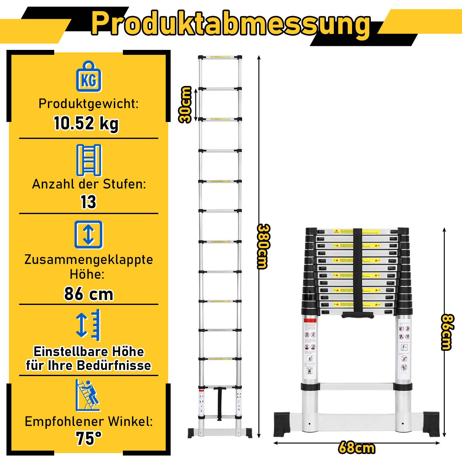 Premium Alu Teleskopleiter Ausziehleiter Klappleiter Höhe 3,8M Antirutsch Mehrzweckleiter mit Stabilisator