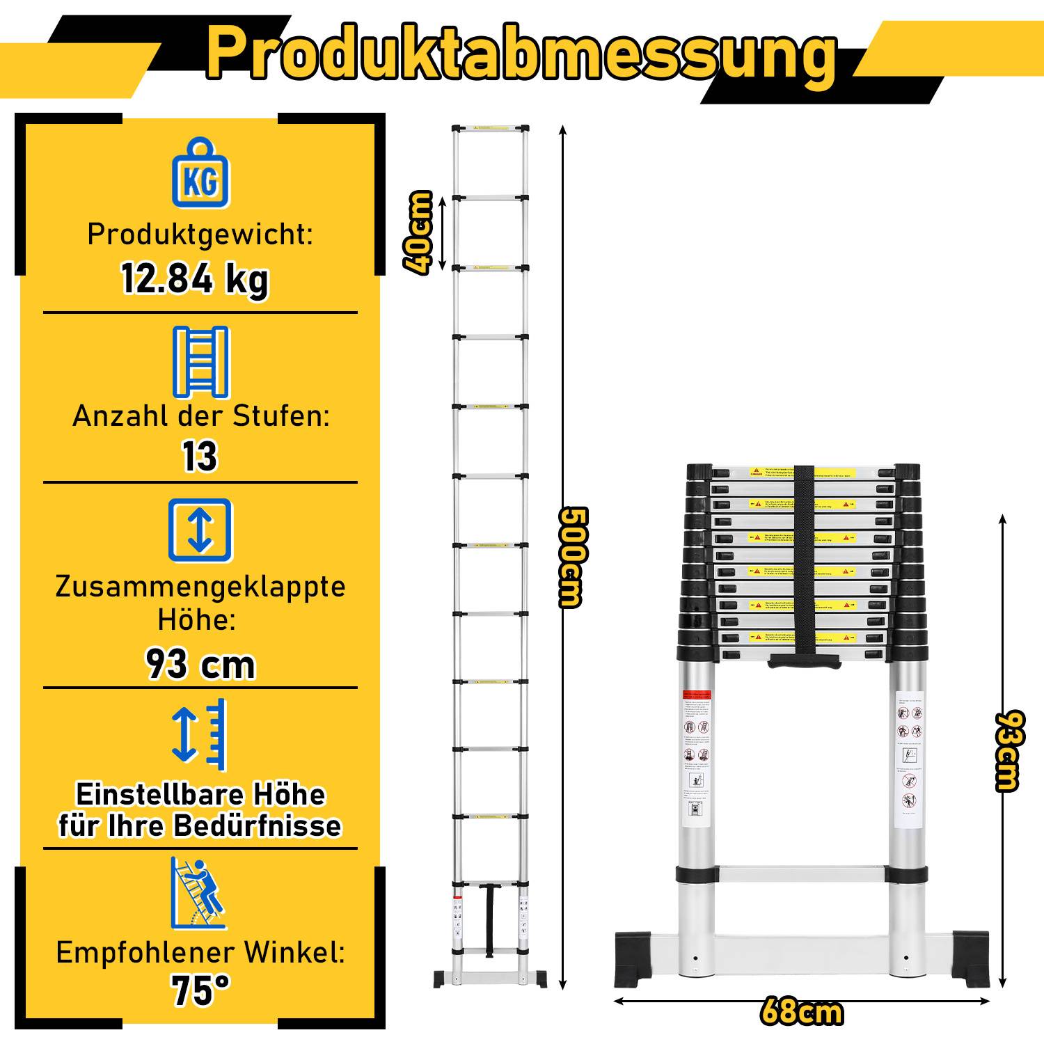 Premium Alu Teleskopleiter Ausziehleiter Klappleiter Höhe 5M Antirutsch Mehrzweckleiter mit Stabilisator