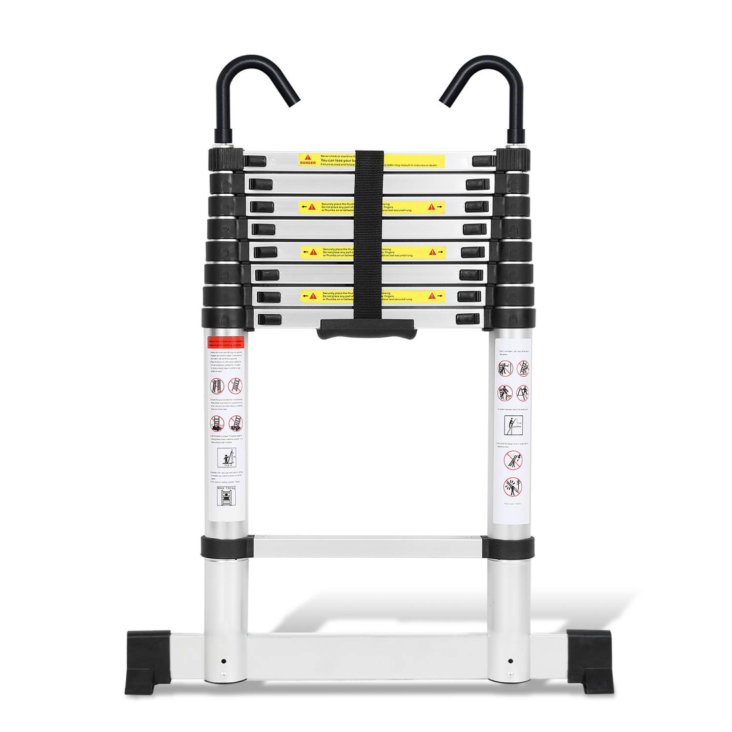 Aluminium Teleskopleiter 2,6M Silber, Leiter Ausziehbar mit Stabilisator und Abnehmbaren Haken, Klappleiter, Mehrzweckleiter, Stehleiter