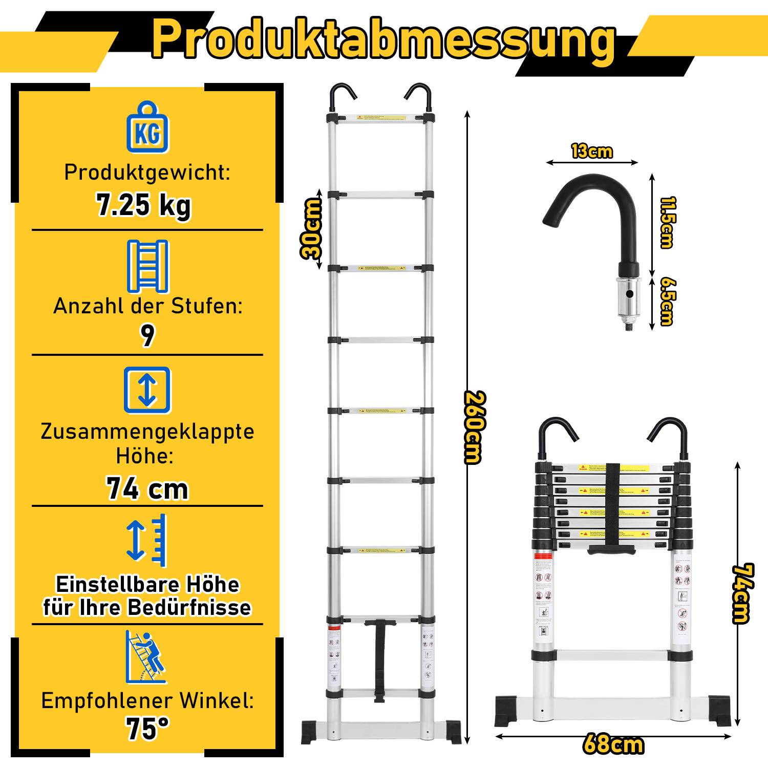 Premium Alu Teleskopleiter Ausziehleiter Klappleiter Höhe 2,6M Silber Antirutsch Mehrzweckleiter mit Stabilisator und Abnehmbaren Haken