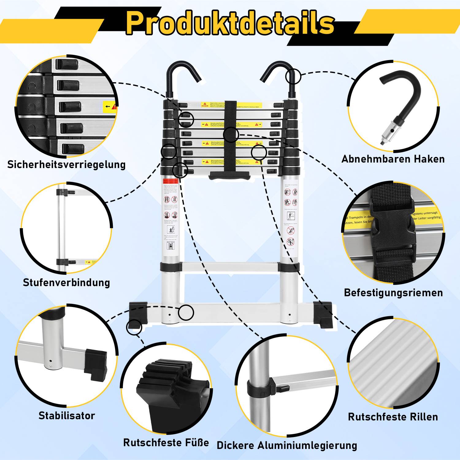 Aluminium Teleskopleiter 2,6M Silber, Leiter Ausziehbar mit Stabilisator und Abnehmbaren Haken, Klappleiter, Mehrzweckleiter, Stehleiter