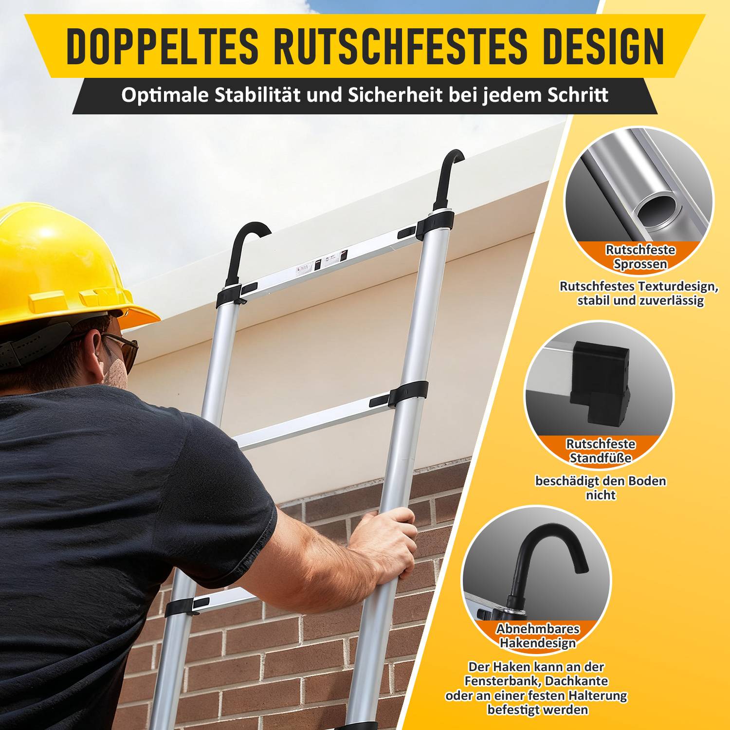 Aluminium Teleskopleiter 3,8M Silber, Leiter Ausziehbar mit Stabilisator und Abnehmbaren Haken, Klappleiter, Mehrzweckleiter, Stehleiter