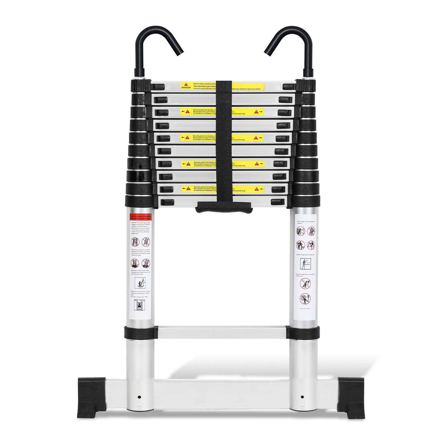 Aluminium Teleskopleiter 3,2M Silber, Leiter Ausziehbar mit Stabilisator und Abnehmbaren Haken, Klappleiter, Mehrzweckleiter, Stehleiter