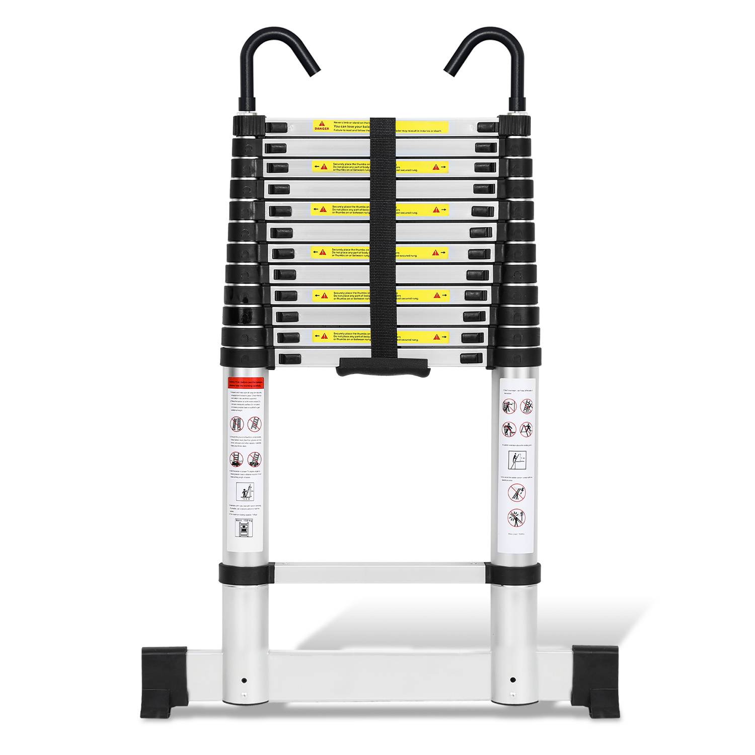 Aluminium Teleskopleiter 3,8M Silber, Leiter Ausziehbar mit Stabilisator und Abnehmbaren Haken, Klappleiter, Mehrzweckleiter, Stehleiter