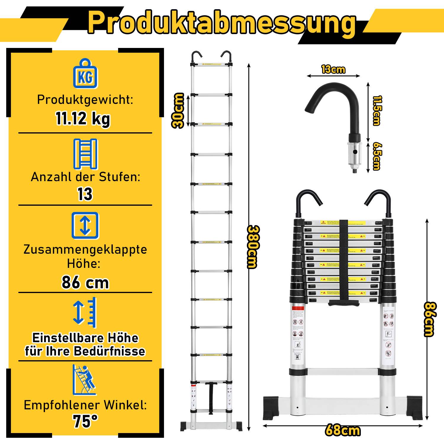 Profi Teleskopleiter 3,8M Silber Aluminium 150kg Tragkraft Mehrzweckleiter rutschfeste Gummifüße mit Stabilisator und Abnehmbaren Haken