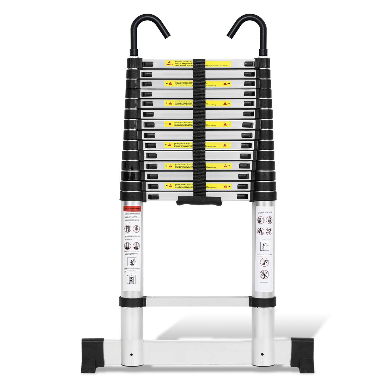 Aluminium Teleskopleiter 4,4M Silber, Leiter Ausziehbar mit Stabilisator und Abnehmbaren Haken, Klappleiter, Mehrzweckleiter, Stehleiter