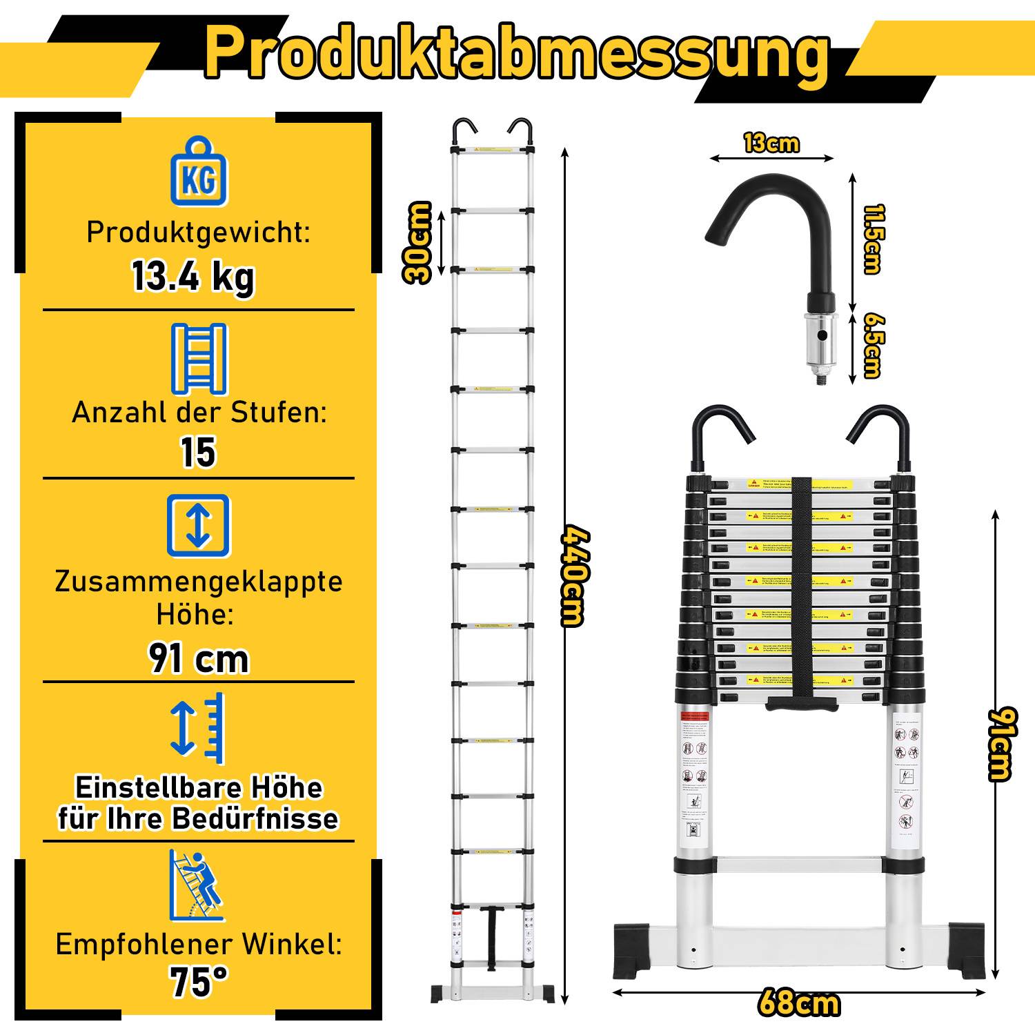 Premium Alu Teleskopleiter Ausziehleiter Klappleiter Höhe 4,4M Silber Antirutsch Mehrzweckleiter mit Stabilisator und Abnehmbaren Haken