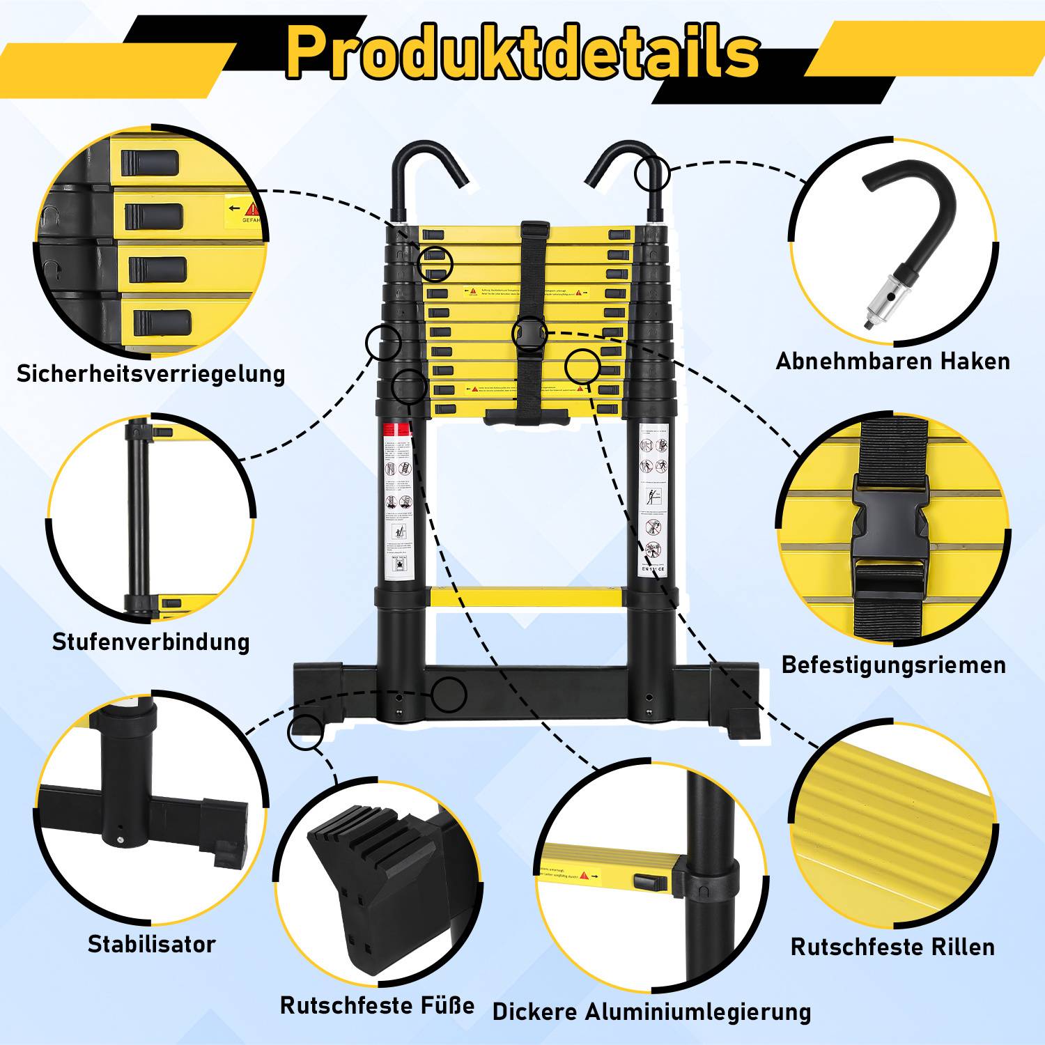 Premium Alu Teleskopleiter Ausziehleiter Klappleiter Höhe 3,8M schwarz Antirutsch Mehrzweckleiter mit Stabilisator und Abnehmbaren Haken