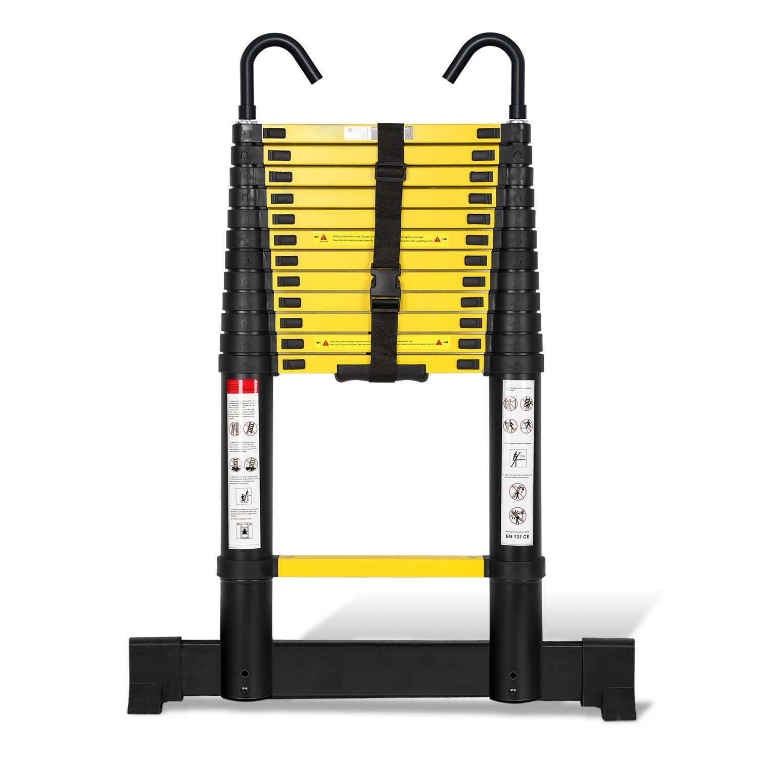 Aluminium Teleskopleiter 3,8M schwarz, Leiter Ausziehbar mit Stabilisator und Abnehmbaren Haken, Klappleiter, Mehrzweckleiter, Stehleiter