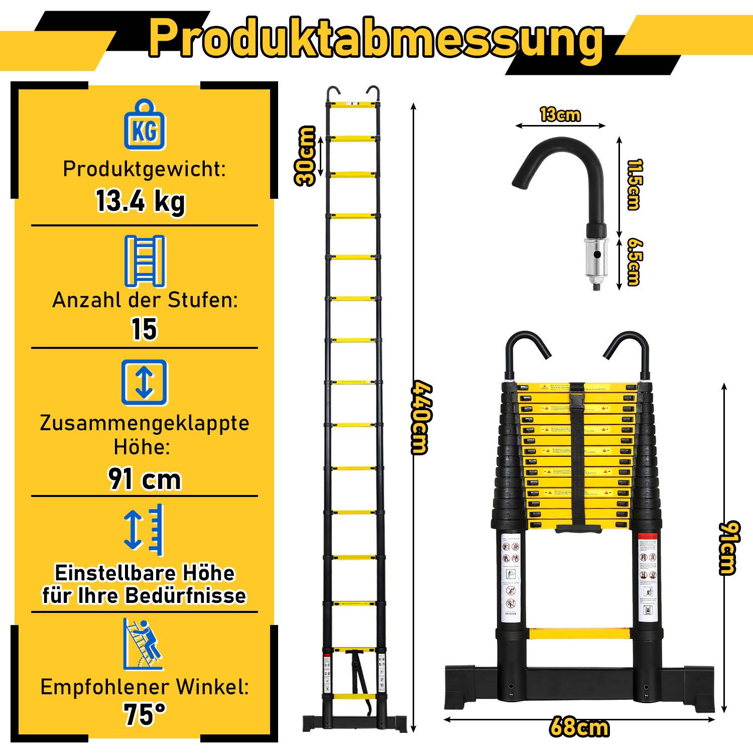 Premium Alu Teleskopleiter Ausziehleiter Klappleiter Höhe 4,4M schwarz Antirutsch Mehrzweckleiter mit Stabilisator und Abnehmbaren Haken