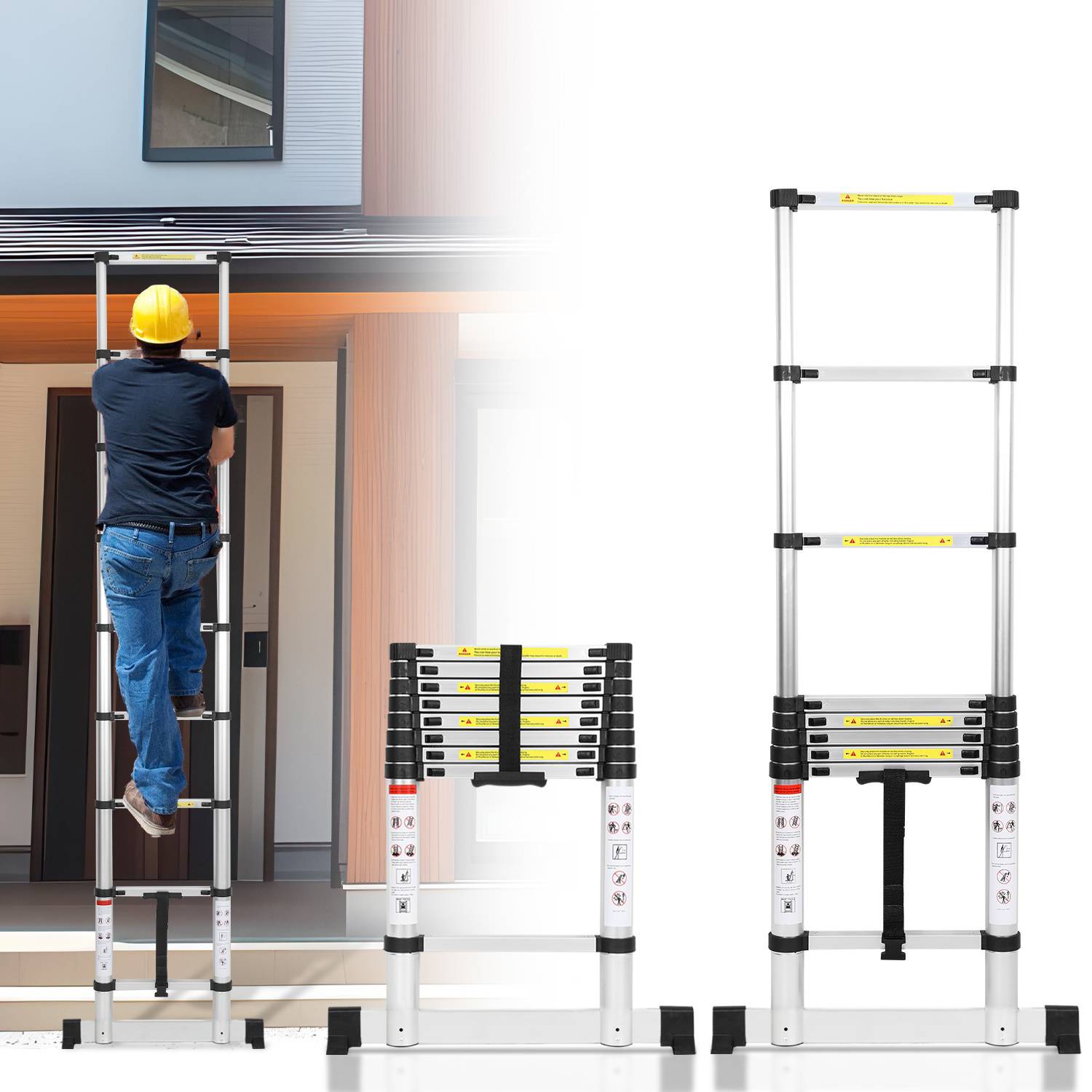 Profi Teleskopleiter 2,6M Aluminium 150kg Tragkraft Mehrzweckleiter rutschfeste Gummifüße mit Stabilisator
