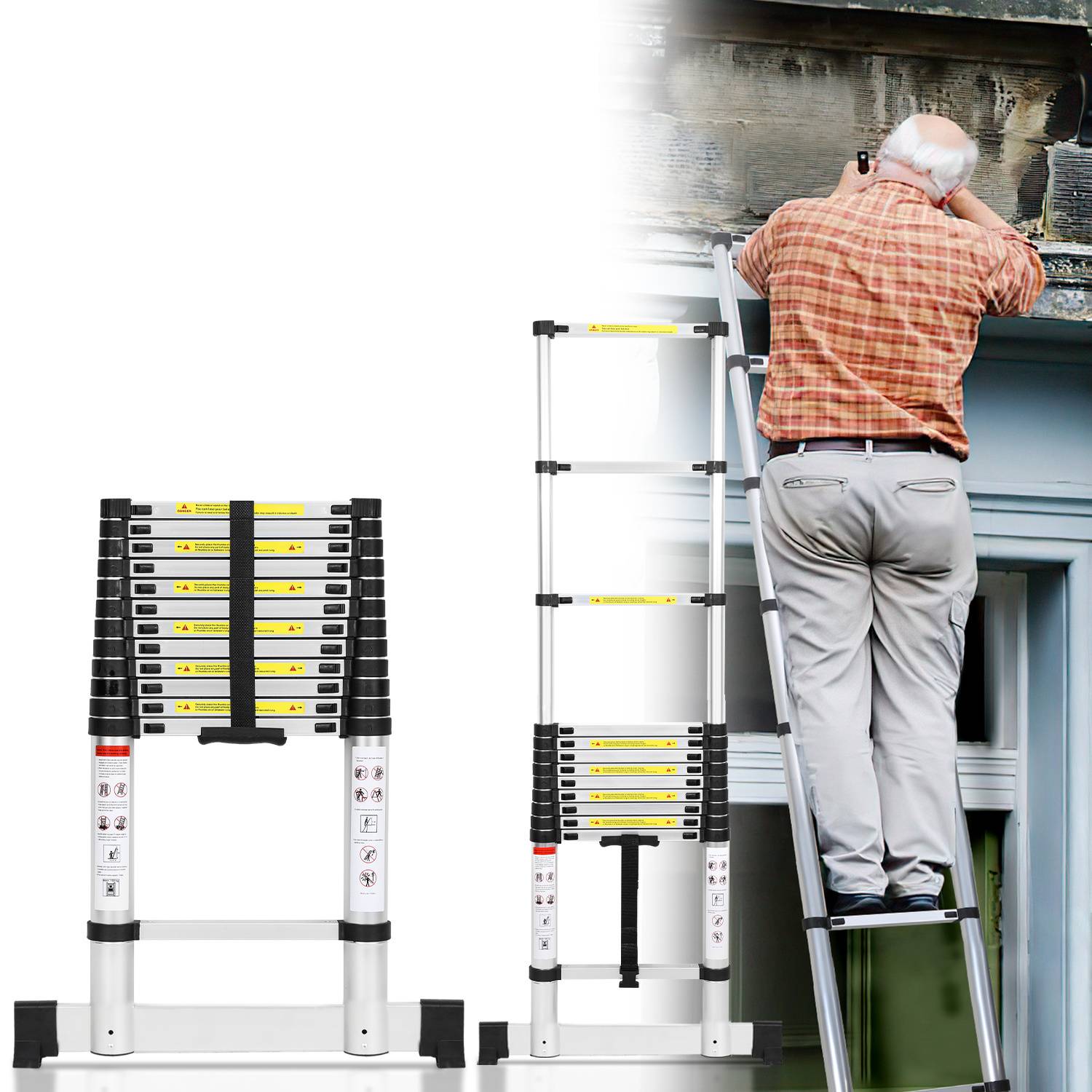 Profi Teleskopleiter 5M Aluminium 150kg Tragkraft Mehrzweckleiter rutschfeste Gummifüße mit Stabilisator