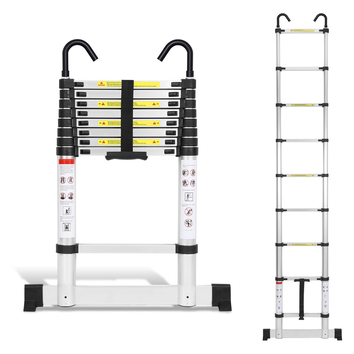 Profi Teleskopleiter 2,6M Silber Aluminium 150kg Tragkraft Mehrzweckleiter rutschfeste Gummifüße mit Stabilisator und Abnehmbaren Haken