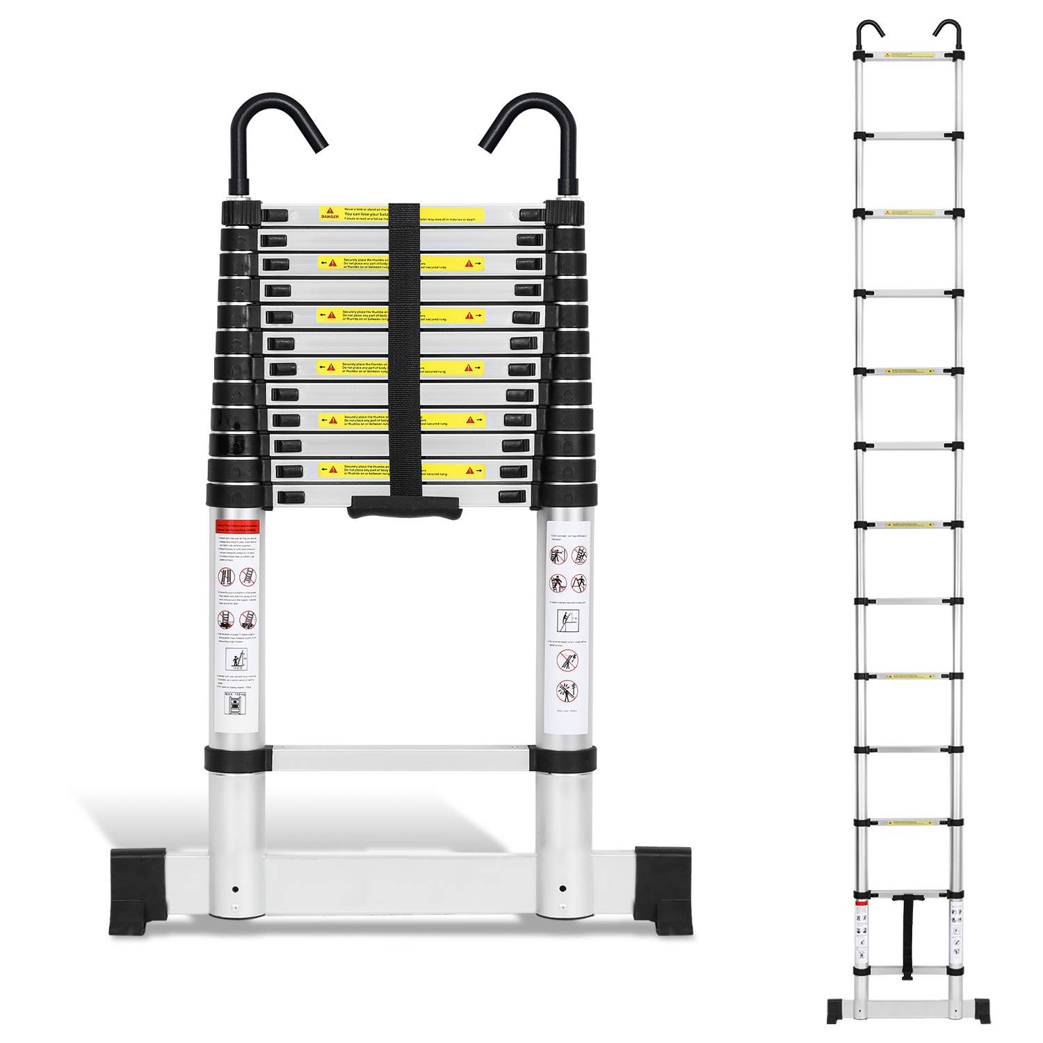 Profi Teleskopleiter 3,8M Silber Aluminium 150kg Tragkraft Mehrzweckleiter rutschfeste Gummifüße mit Stabilisator und Abnehmbaren Haken