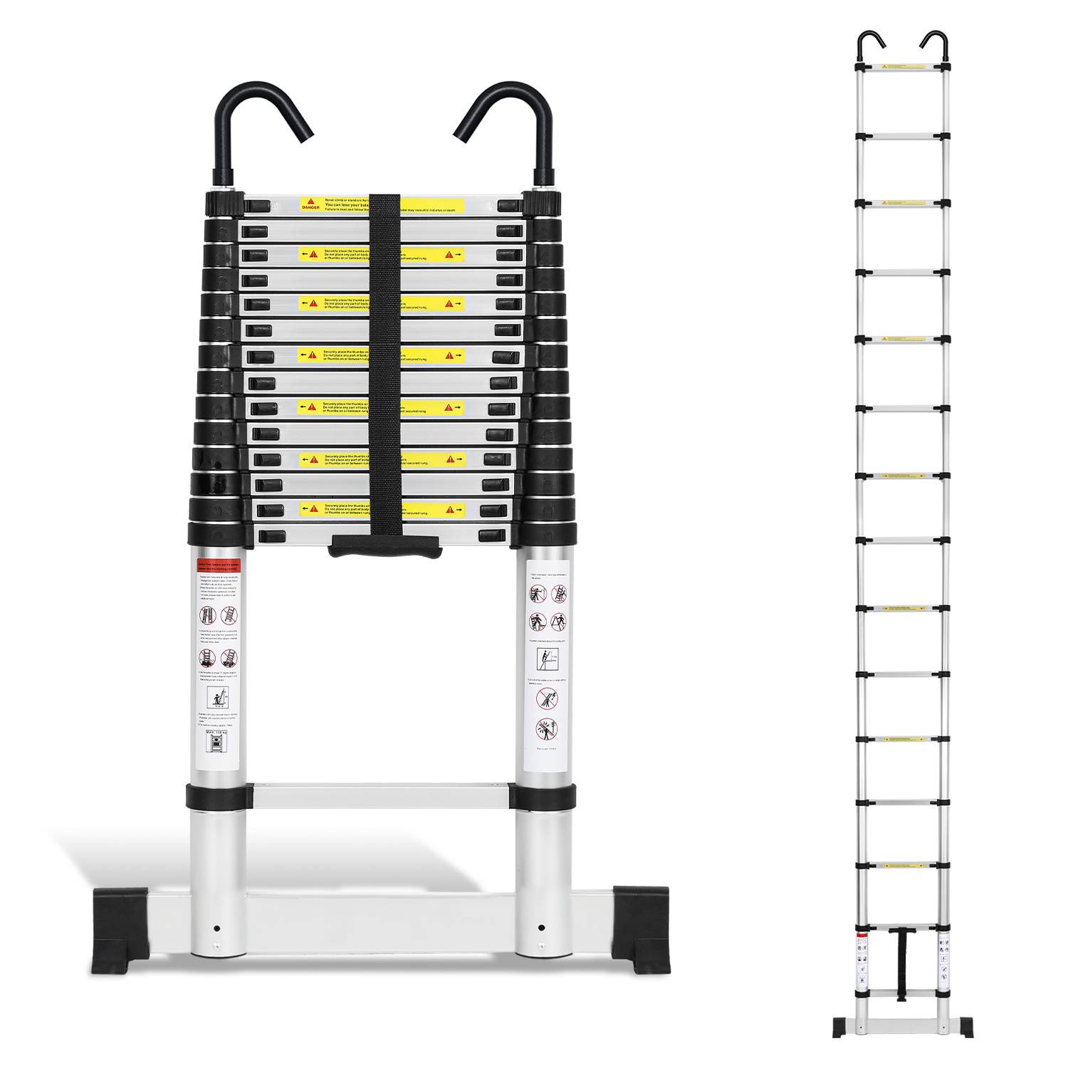 Profi Teleskopleiter 4,4M Silber Aluminium 150kg Tragkraft Mehrzweckleiter rutschfeste Gummifüße mit Stabilisator und Abnehmbaren Haken