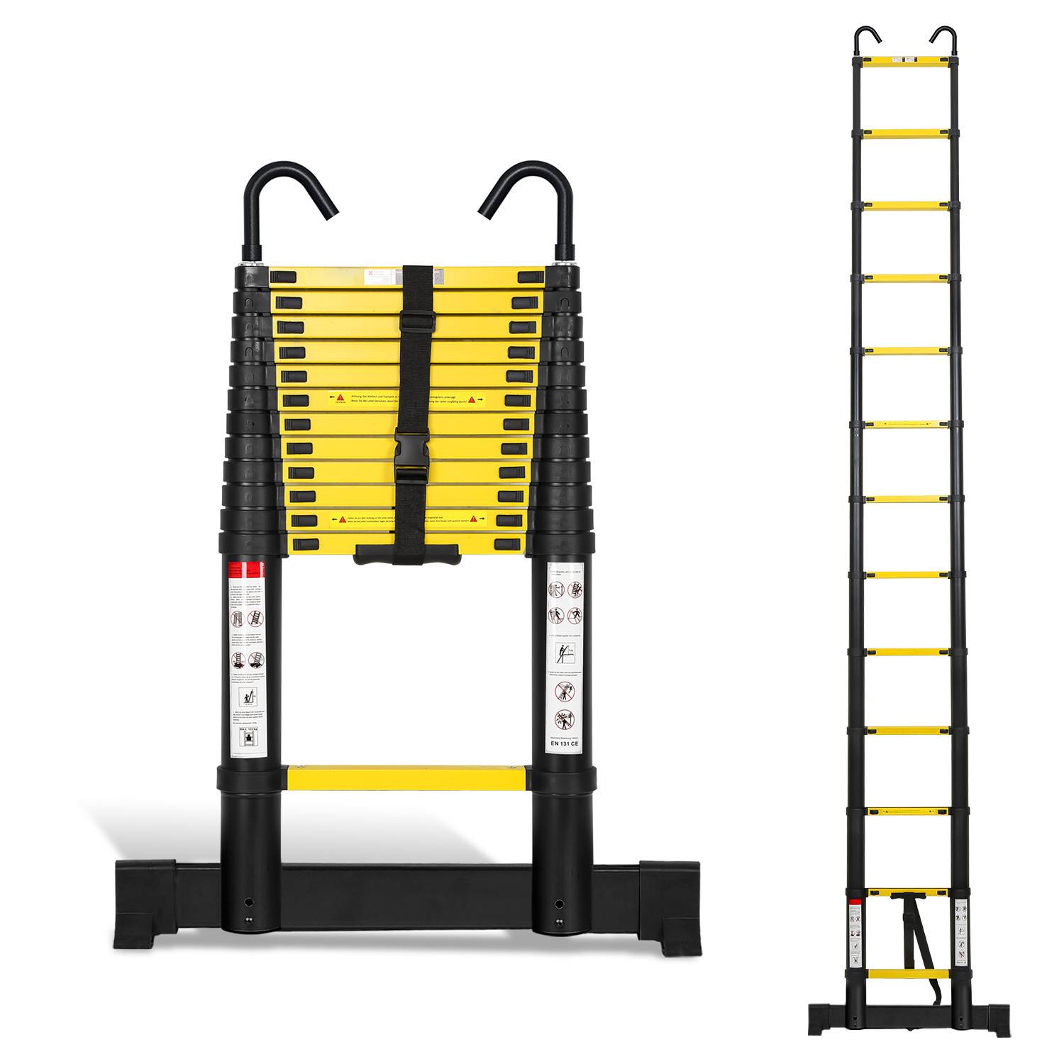 Profi Teleskopleiter 3,8M schwarz Aluminium 150kg Tragkraft Mehrzweckleiter rutschfeste Gummifüße mit Stabilisator und Abnehmbaren Haken