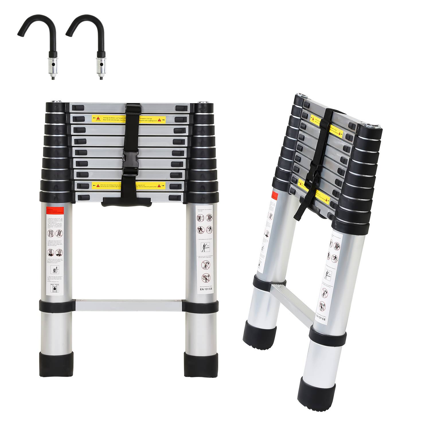 Premium Alu Teleskopleiter Ausziehleiter Klappleiter Höhe 2,6M Silber Antirutsch Mehrzweckleiter mit Abnehmbaren Haken