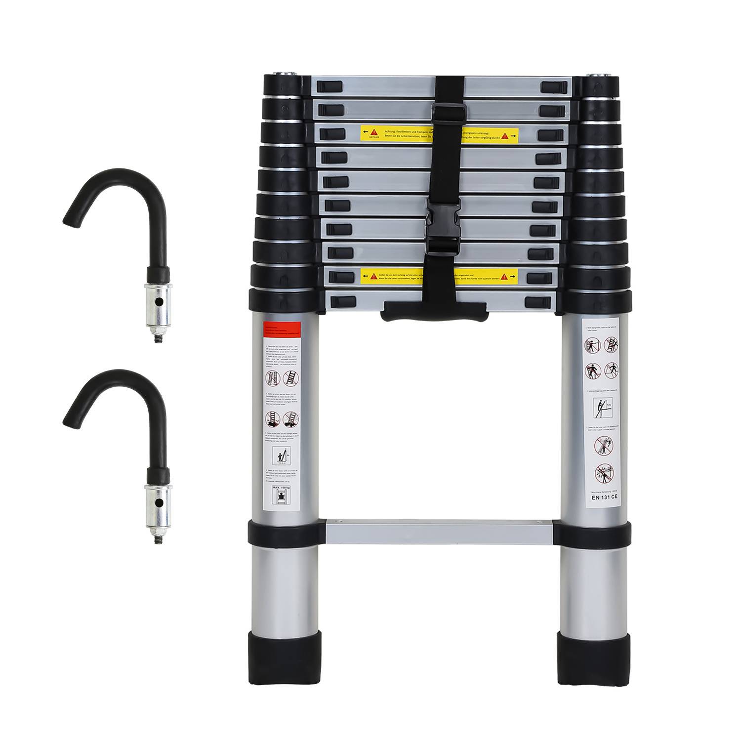 Premium Alu Teleskopleiter Ausziehleiter Klappleiter Höhe 3,2M Silber Antirutsch Mehrzweckleiter mit Abnehmbaren Haken