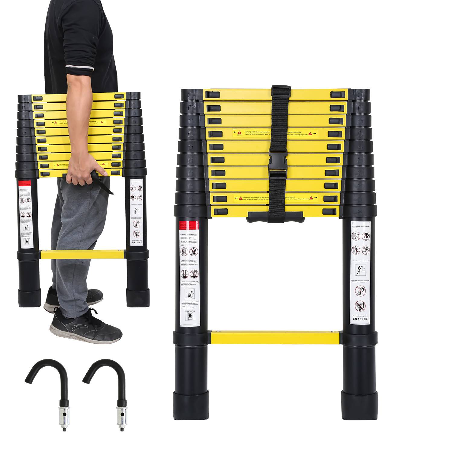 Premium Alu Teleskopleiter Ausziehleiter Klappleiter Höhe 3,2M schwarz Antirutsch Mehrzweckleiter mit Abnehmbaren Haken