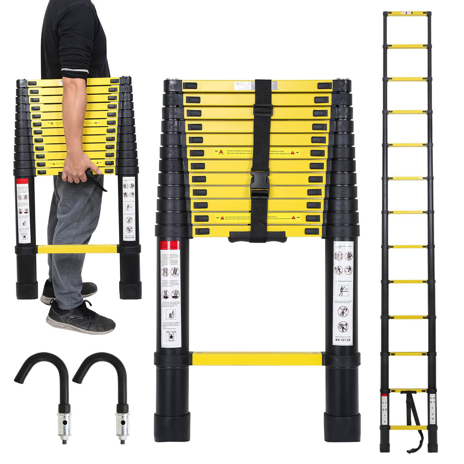 Premium Alu Teleskopleiter Ausziehleiter Klappleiter Höhe 3,8M schwarz Antirutsch Mehrzweckleiter mit Abnehmbaren Haken