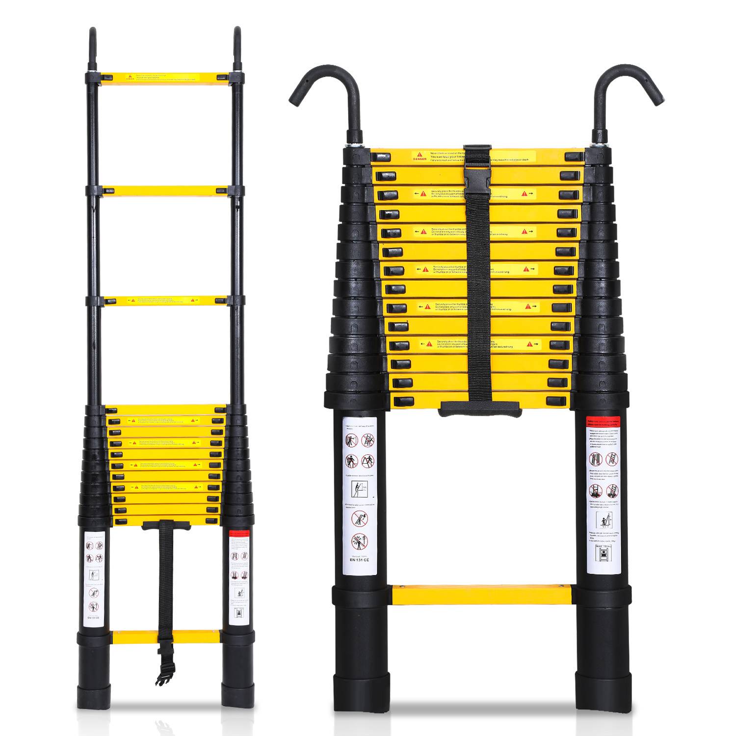 Premium Alu Teleskopleiter Ausziehleiter Klappleiter Höhe 4,4M schwarz Antirutsch Mehrzweckleiter mit Abnehmbaren Haken