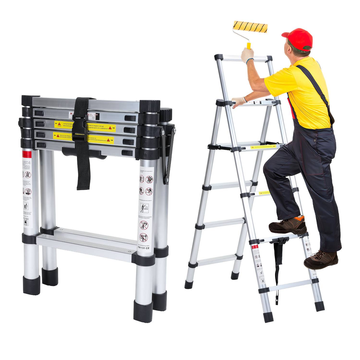 Premium Alu Teleskopleiter Ausziehleiter Klappleiter Höhe 1,7M Silber Antirutsch Mehrzweckleiter