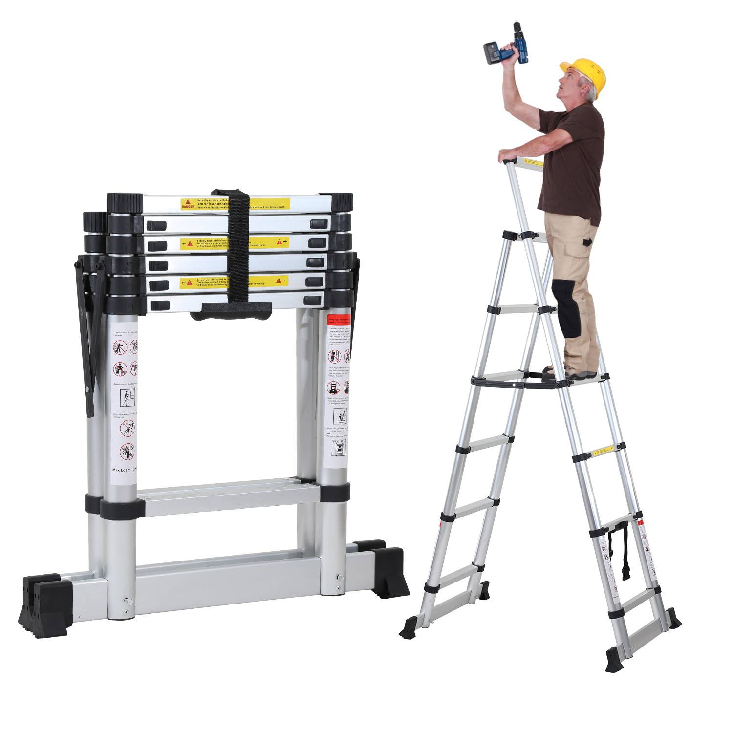 Premium Alu Teleskopleiter Ausziehleiter Klappleiter Höhe 2,0M Silber Antirutsch Mehrzweckleiter
