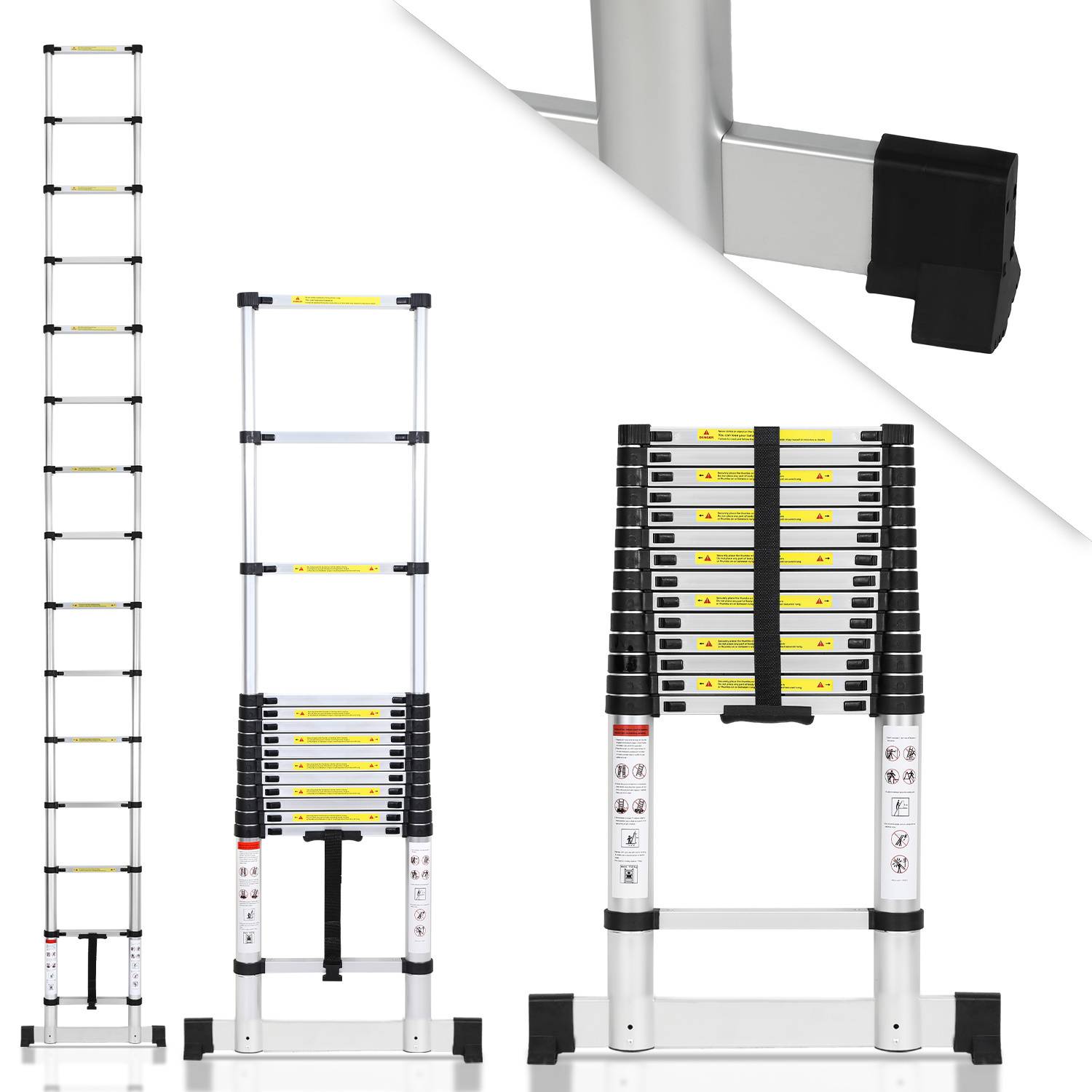 Premium Alu Teleskopleiter Ausziehleiter Klappleiter Höhe 4,4M Antirutsch Mehrzweckleiter mit Stabilisator