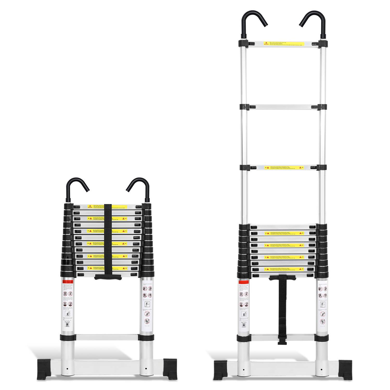 Premium Alu Teleskopleiter Ausziehleiter Klappleiter Höhe 3,8M Silber Antirutsch Mehrzweckleiter mit Stabilisator und Abnehmbaren Haken