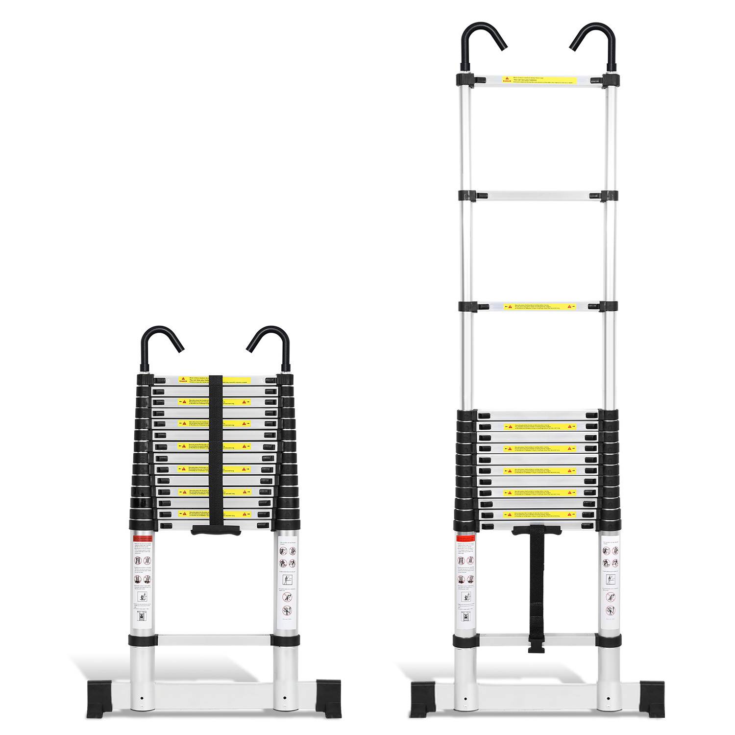 Premium Alu Teleskopleiter Ausziehleiter Klappleiter Höhe 4,4M Silber Antirutsch Mehrzweckleiter mit Stabilisator und Abnehmbaren Haken