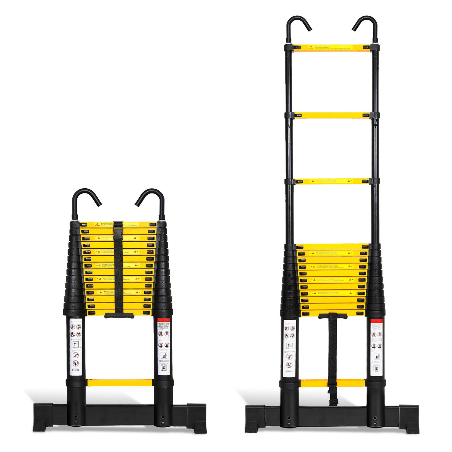 Klappleiter mit Teleskopfunktion in kompakter Lagerungsposition und vollständig ausgefahren zur Verwendung, mit gelben Sprossen und schwarzem Rahmen.