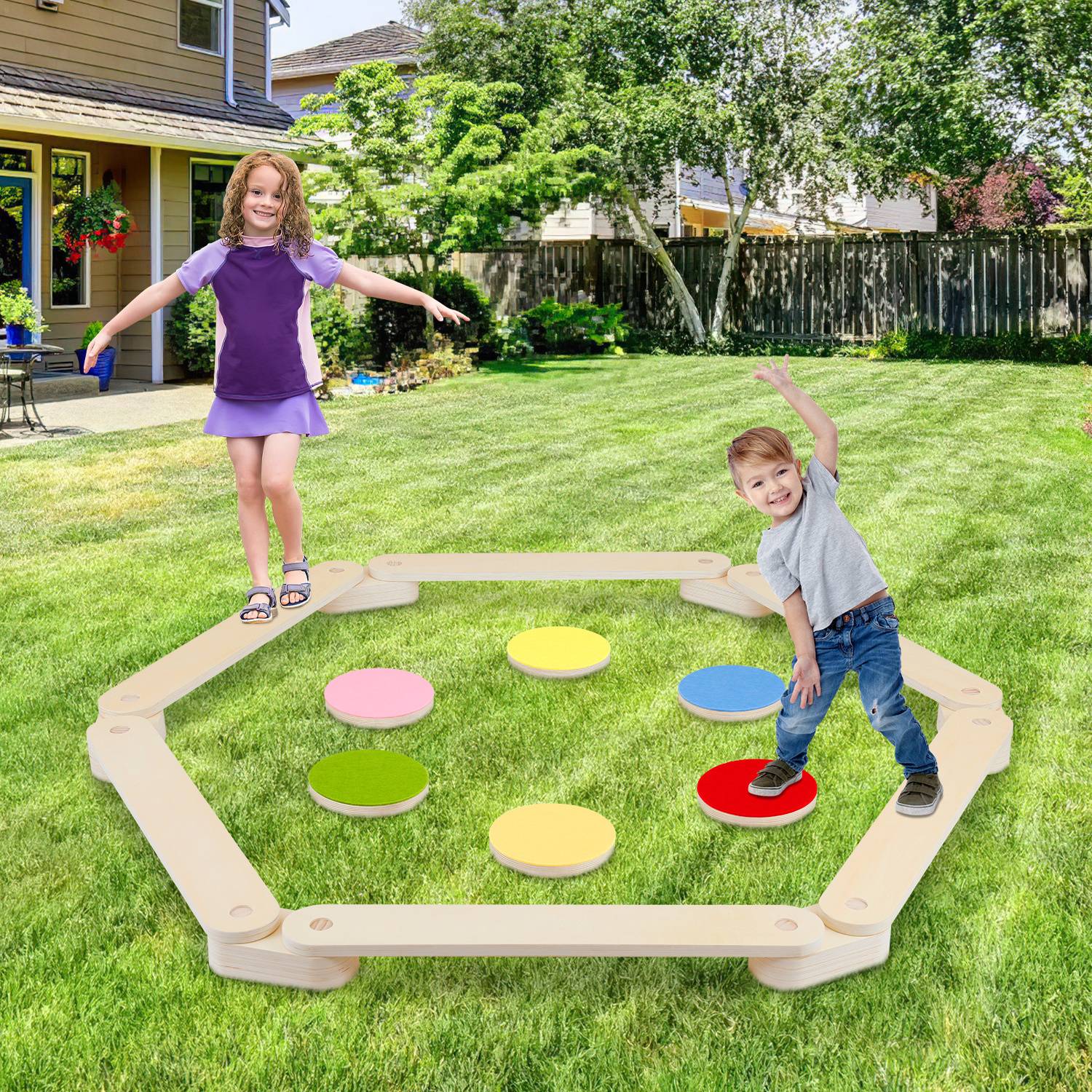 Balancierbalken Kinder Schwebebalken Set mit 6 Balanciersteinen aus Holz Sensorik & Motorik Spielzeug
