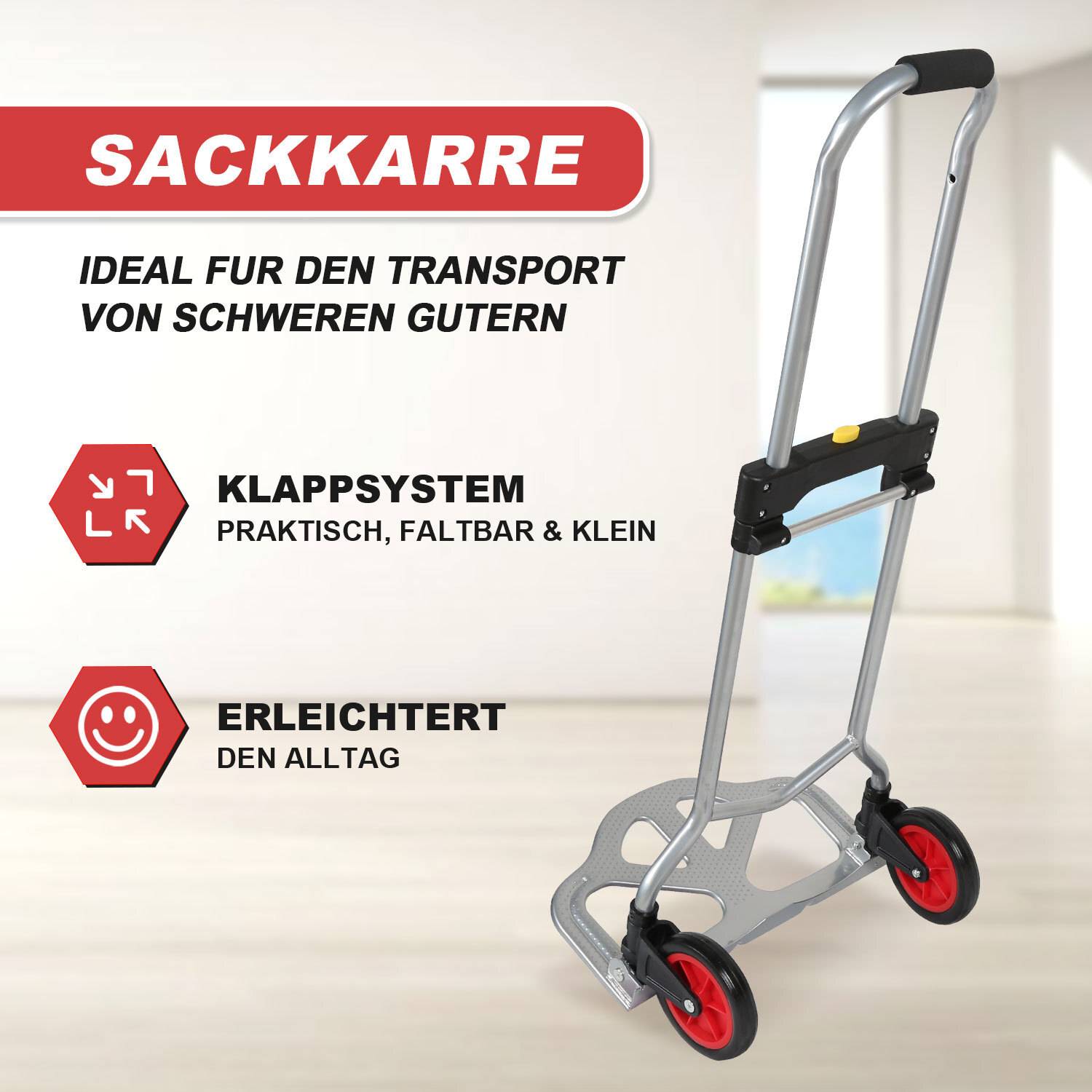 Stahl Klappkarre (60kg) , Sackkarren mit Treppensteiger, Hartgummireifen, Stahlrahmen & höhenverst Griff