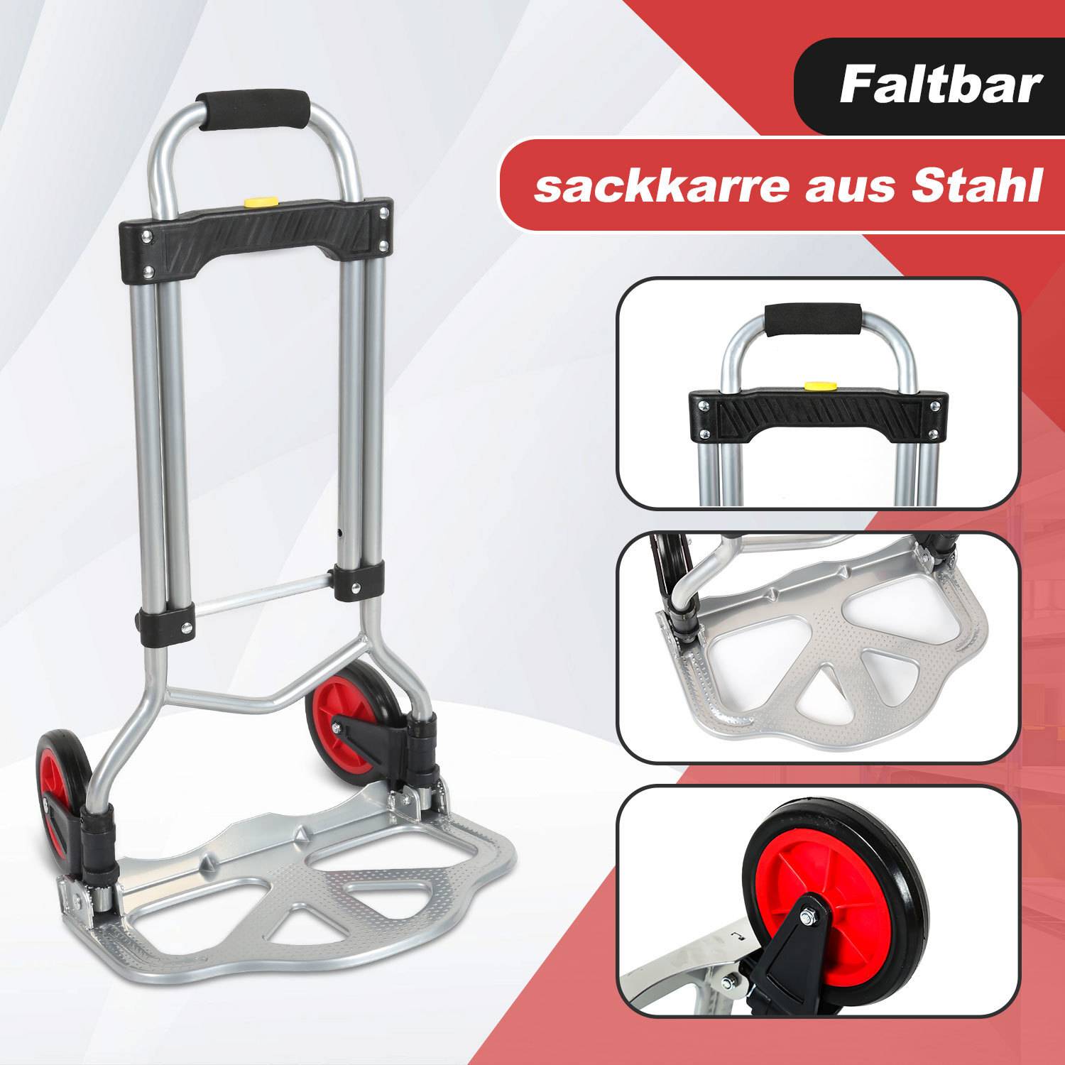 Stahl Klappkarre (60kg) , Sackkarren mit Treppensteiger, Hartgummireifen, Stahlrahmen & höhenverst Griff