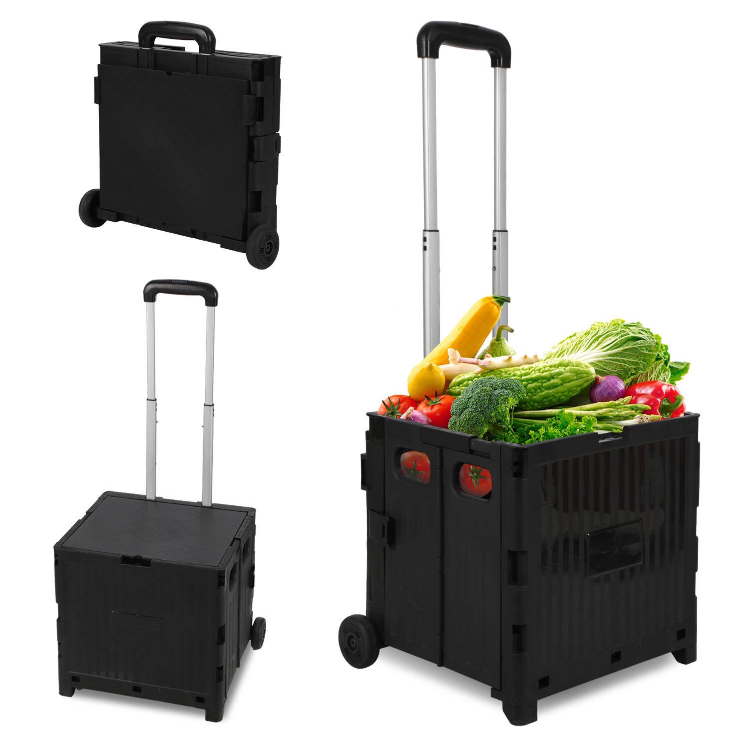 Schwarz Leichter Falt-Einkaufswagen, 40kg Tragkraft, dreistufig höhenverstellbar, abnehmbare & leise Räder, Bremse