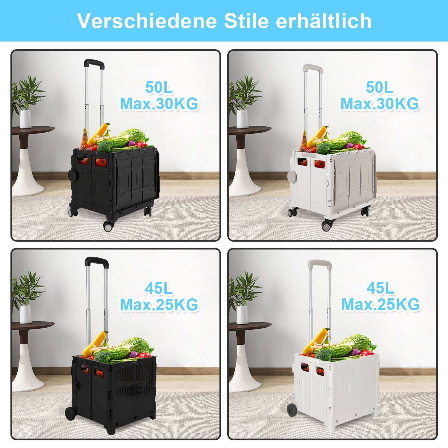 weiß Leichter Falt-Einkaufswagen, 55kg Tragkraft, dreistufig höhenverstellbar, abnehmbare & leise Räder, Bremse