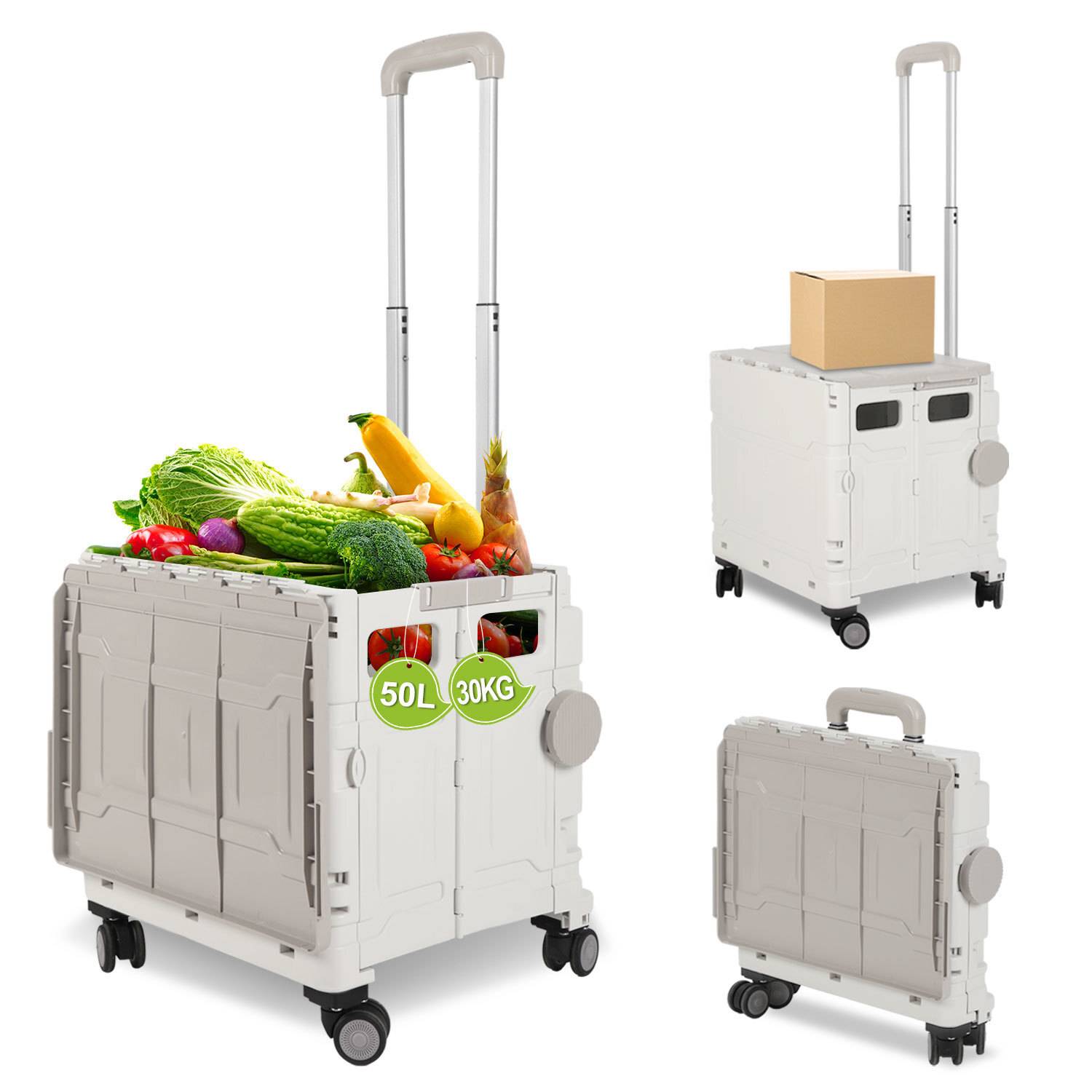 weiß Leichter Falt-Einkaufswagen, 55kg Tragkraft, dreistufig höhenverstellbar, abnehmbare & leise Räder, Bremse