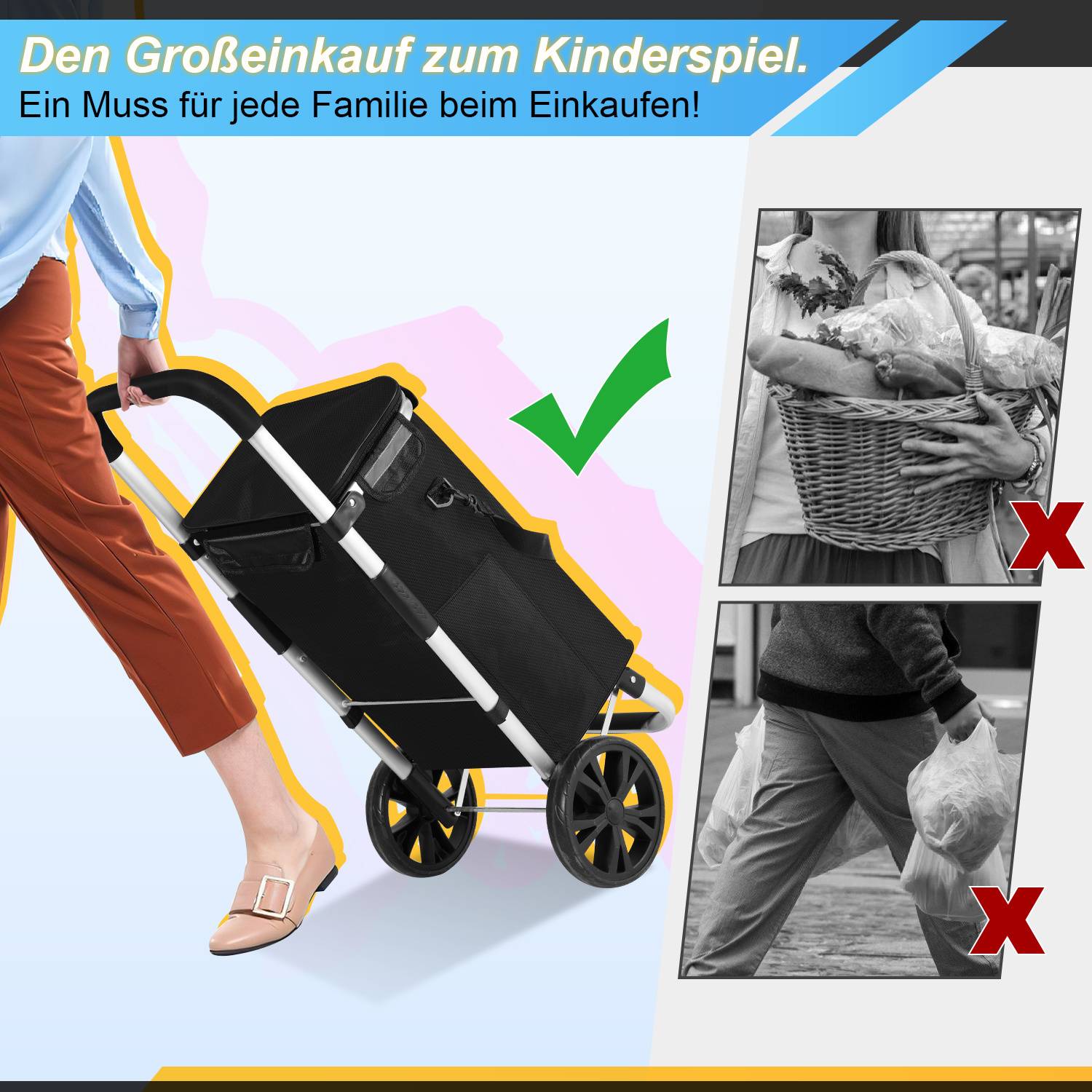 Schwarzer Einkaufstrolley zusammenklappbar, 40 kg, Aluminiumrahmen, 42 x 35 x96 cm