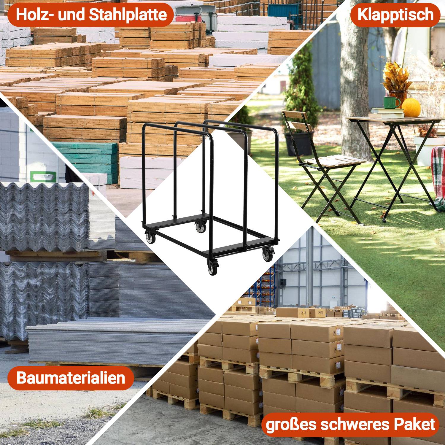 Plattenwagen 1000 kg Tragkraft, L115*W56*H119cm, All-Terrain, feststellbare Räder