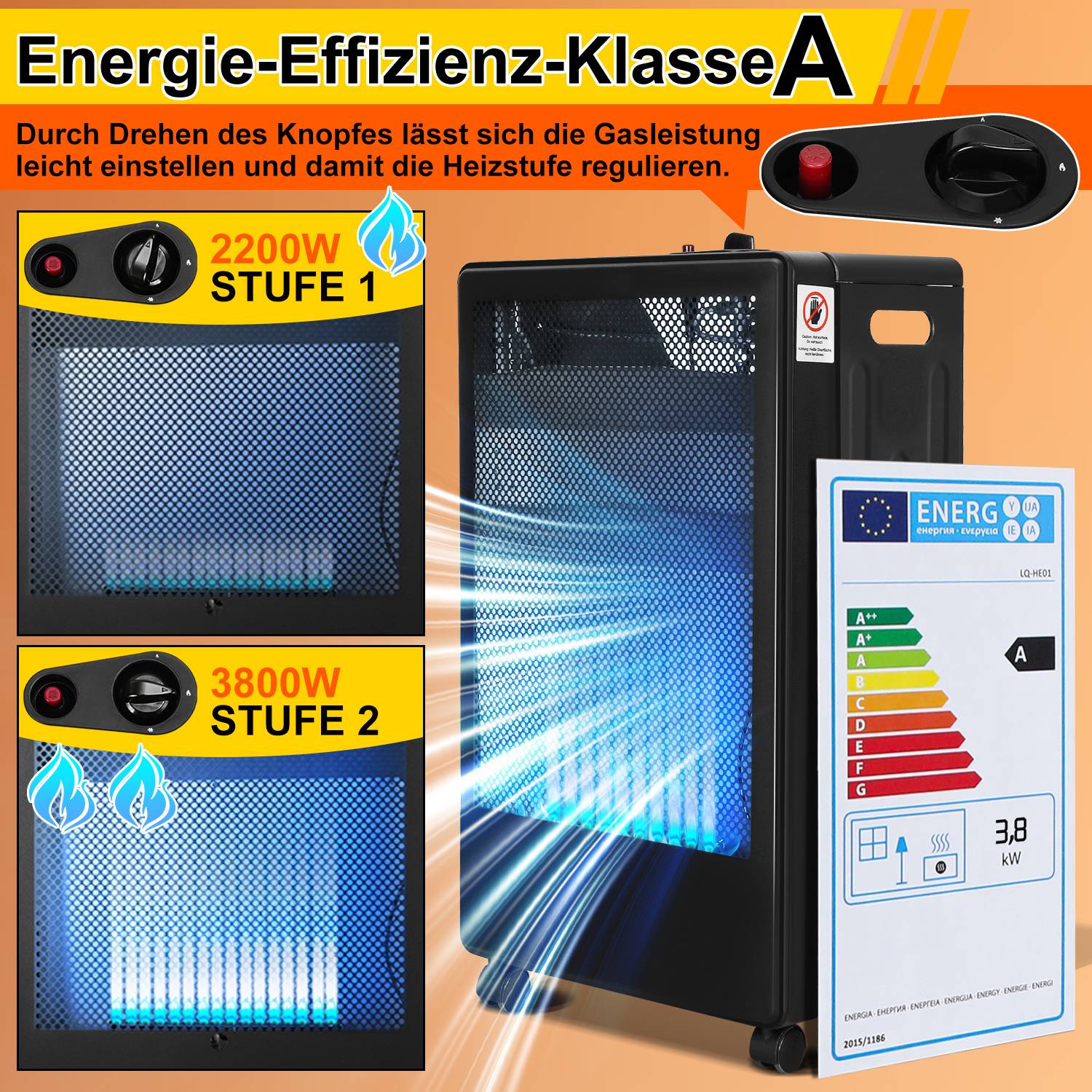 Gasofen mit blauer Flamme 3800 W, faltbar und mobil, für LPG bis 15 kg, inkl. 2 EU-Adaptern
