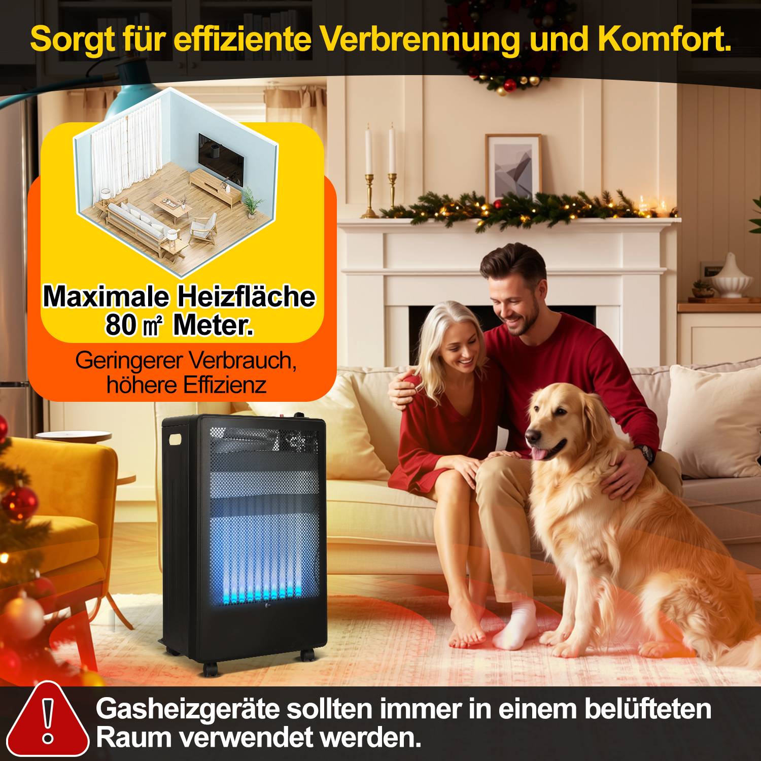 Anzeige für einen Gasofen mit einer Familie und einem Hund neben einem Ofen in einem gemütlichen Wohnzimmer; der Text besagt maximale Heizfläche 80 m², niedrigerer Verbrauch, höhere Effizienz und Verwendung nur in belüfteten Räumen.