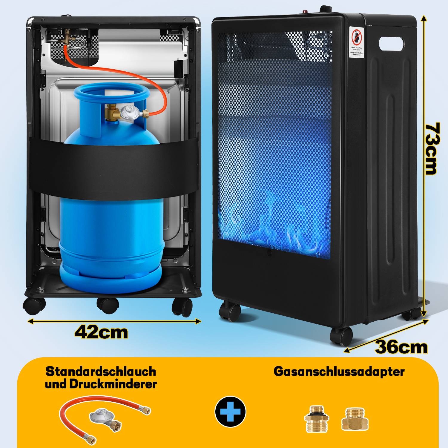 Gasofen mit blauer Flamme 3800 W, faltbar und mobil, für LPG bis 15 kg, inkl. 2 EU-Adaptern