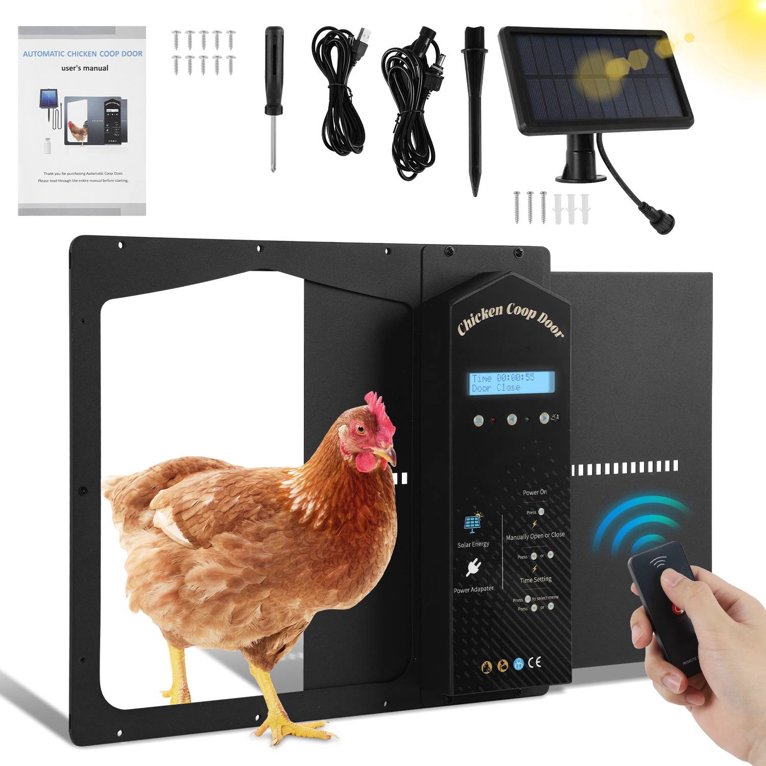 Automatische Hühnerklappe Solar mit Großes Display,Lichtsensor,Timer,Fernbedienung,IP65 Wasserdicht Hühnerklappe Automatisch,Einklemmschutz Automat
