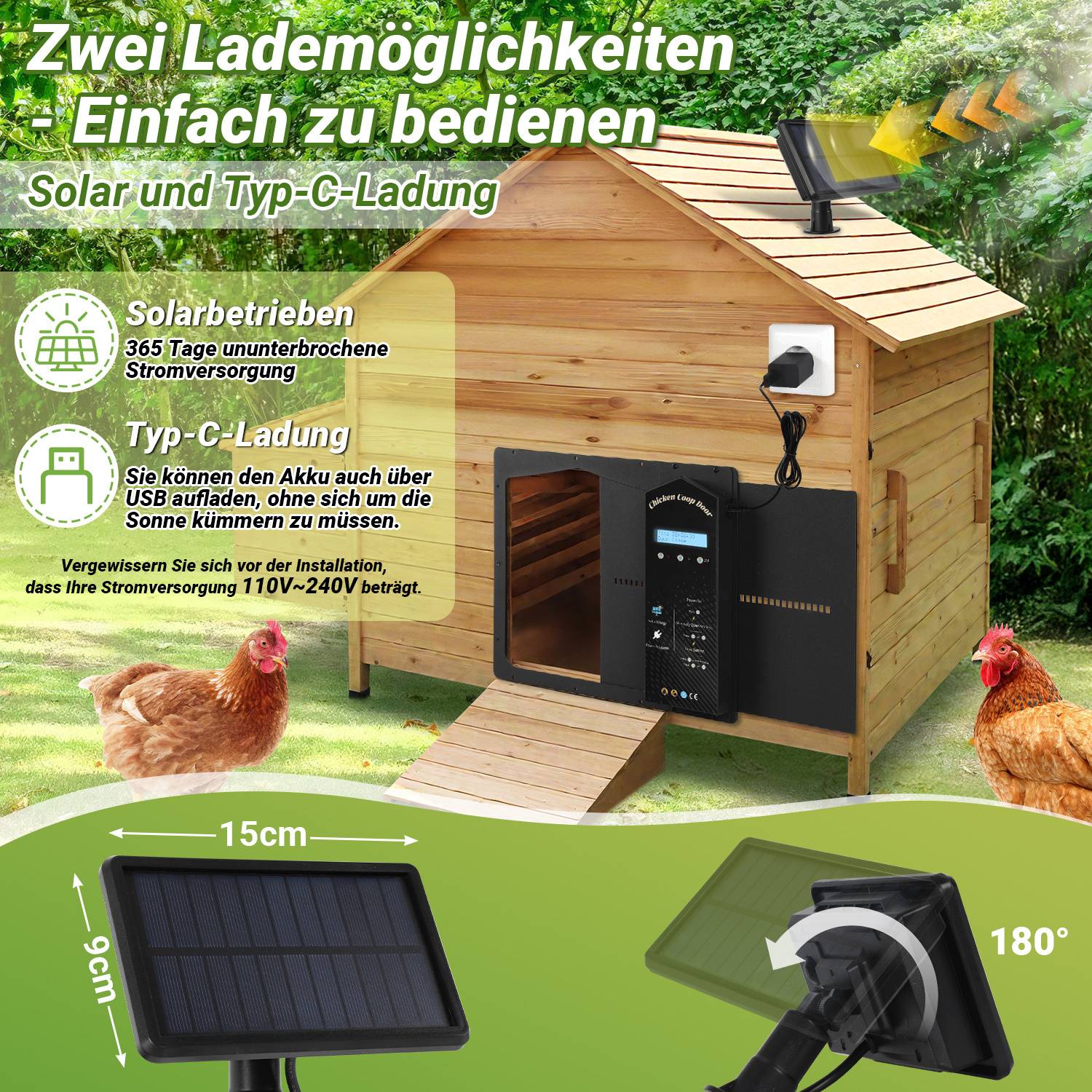 Hühnerklappe Aluminum Hühnerstalltür Hühnertür Solar Automatische Haustierklappe+Timer
