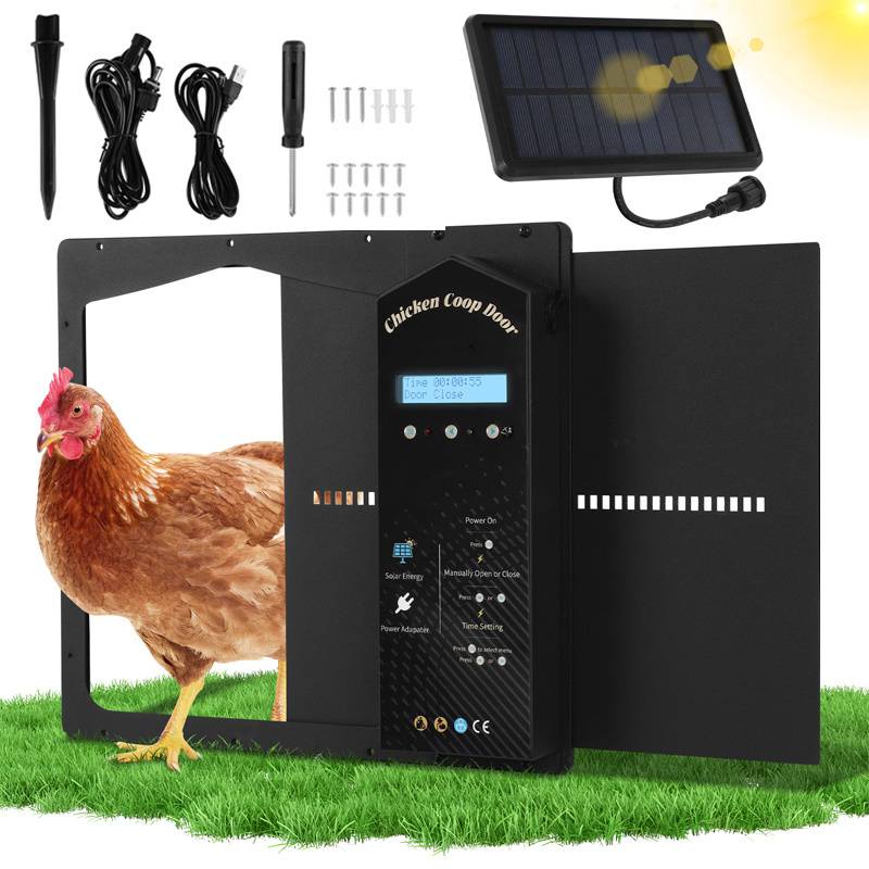 Automatische Hühnerklappe Aluminium Solar Schwarz, Zeitsteuerung, IP65 wasserdicht, Anti-Klemm Elektrische Hühnerstalltür Hühnertür mit Lichtsen