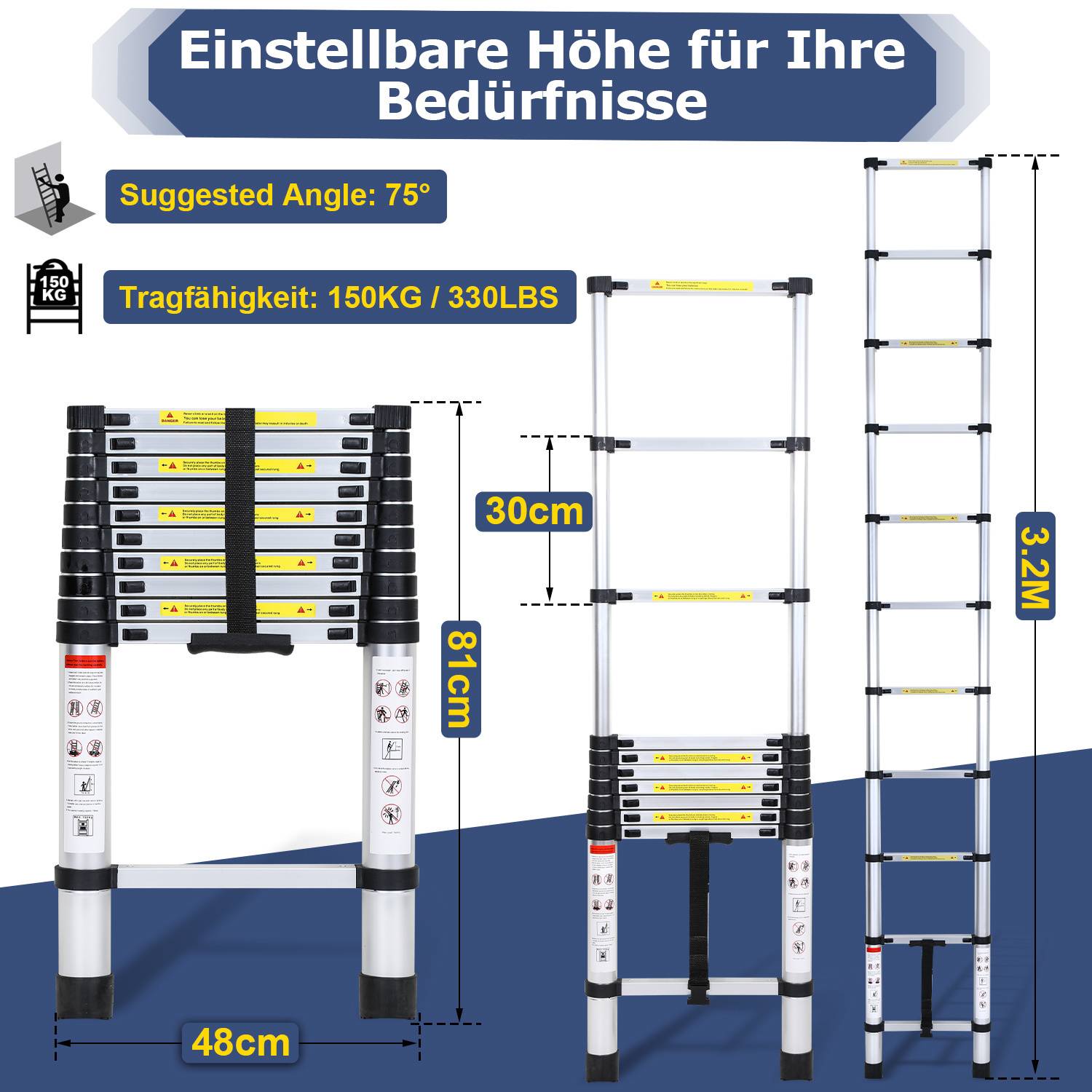 Profi Teleskopleiter 3,2M Aluminium 150kg Tragkraft Mehrzweckleiter rutschfeste Gummifüße