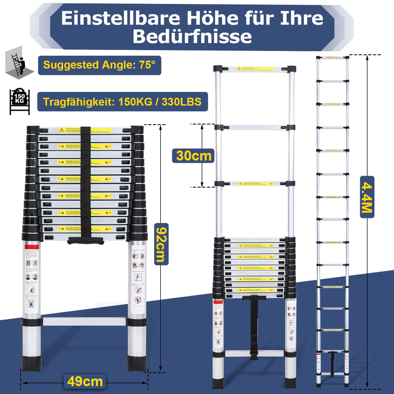 Profi Teleskopleiter 4,4M Aluminium 150kg Tragkraft Mehrzweckleiter rutschfeste Gummifüße