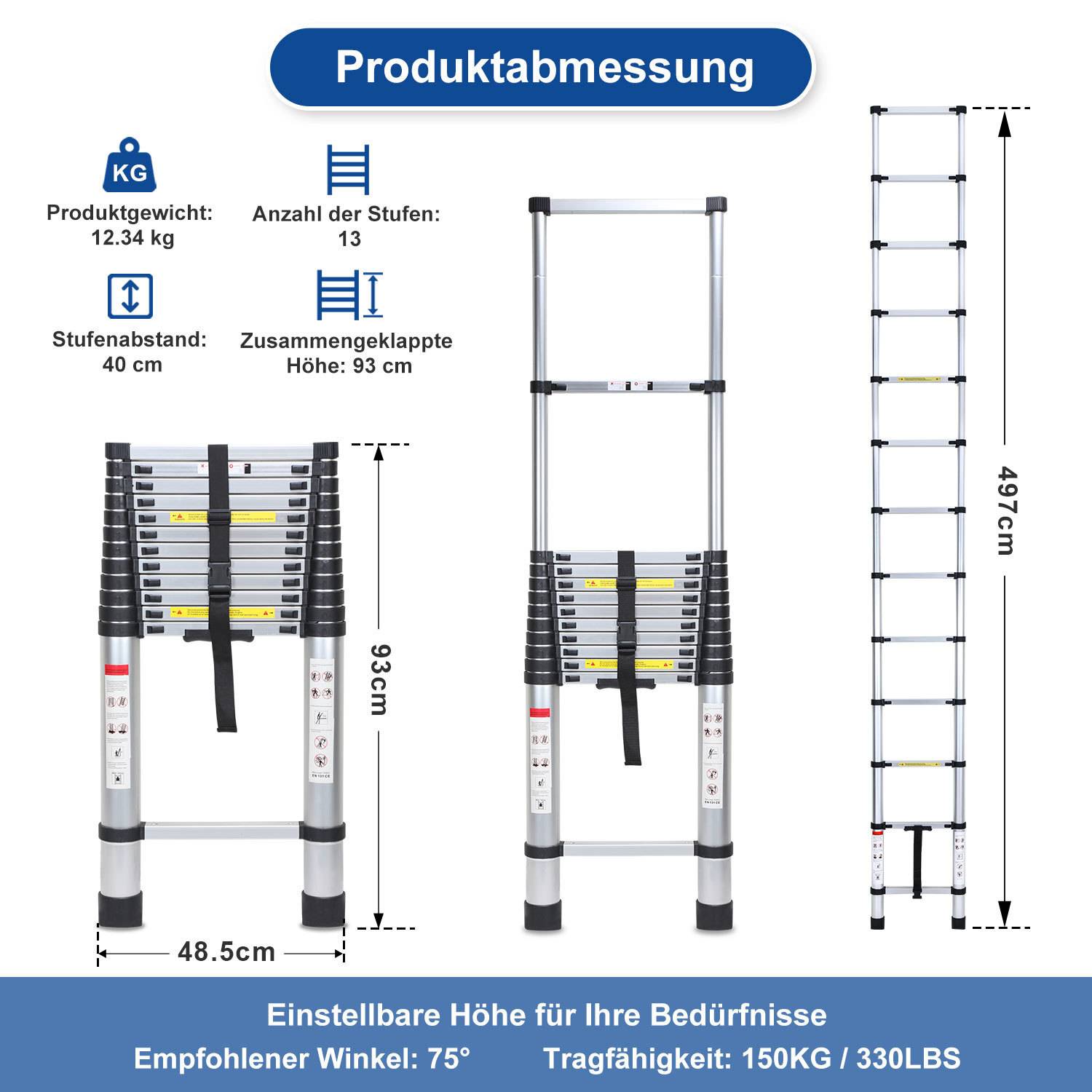 Aluminium Teleskopleiter 5M, Leiter Ausziehbar, Klappleiter, Mehrzweckleiter, Stehleiter, Haushaltsleiter, Außenleiter, 150 kg Belastbarkeit